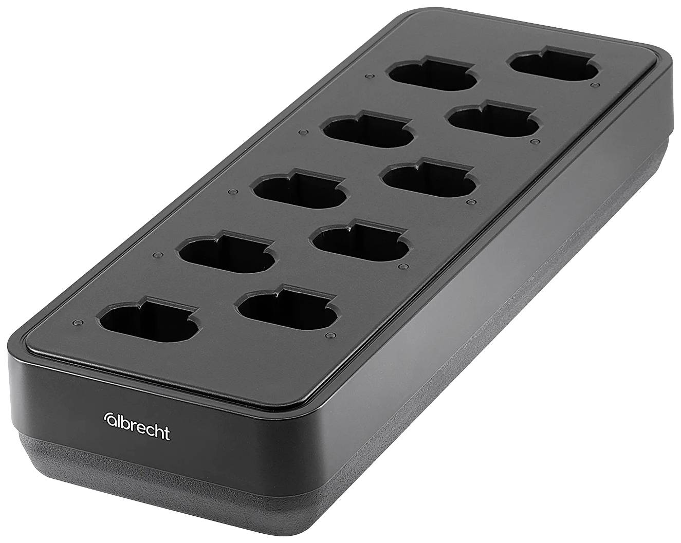 Black power strip with ten sockets, 'Albrecht' logo on the front.