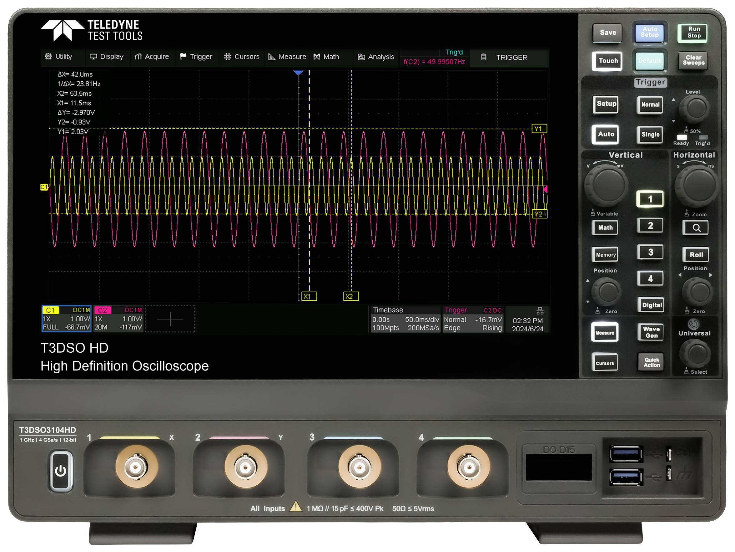 An oscilloscope displays a sine wave on the screen. Controls are visible on the right, and connections are located at the bottom.