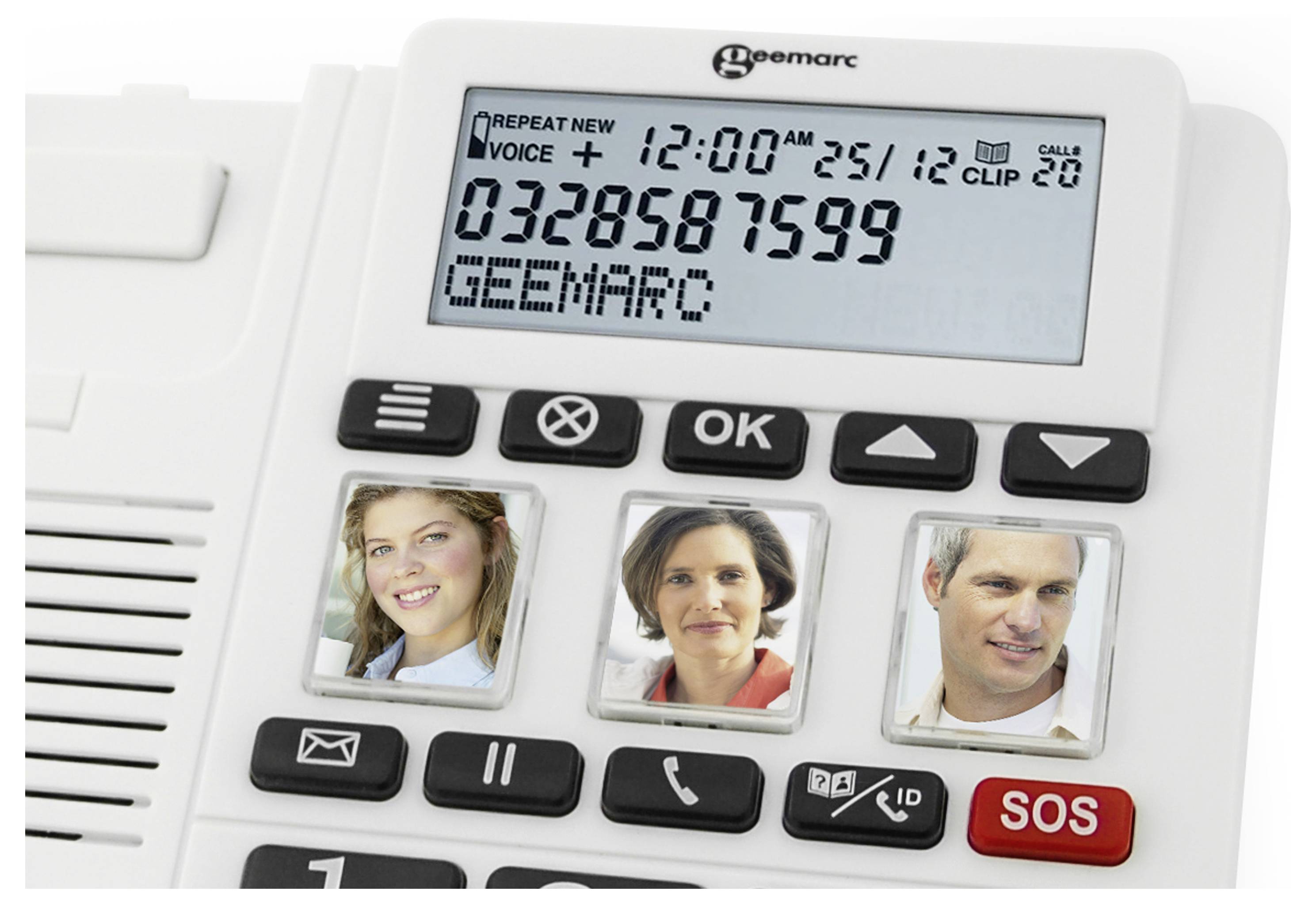 Mobile phone with large display showing '12:00 25/12'. Below are buttons with pictures of three people and a red 'SOS' button on the right.