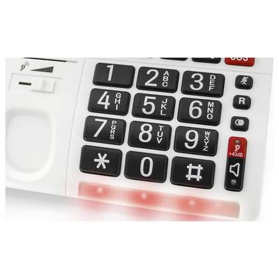 Telephone with large buttons and clear numbers, suitable for people with visual impairments. Includes volume control and hearing aid symbol.