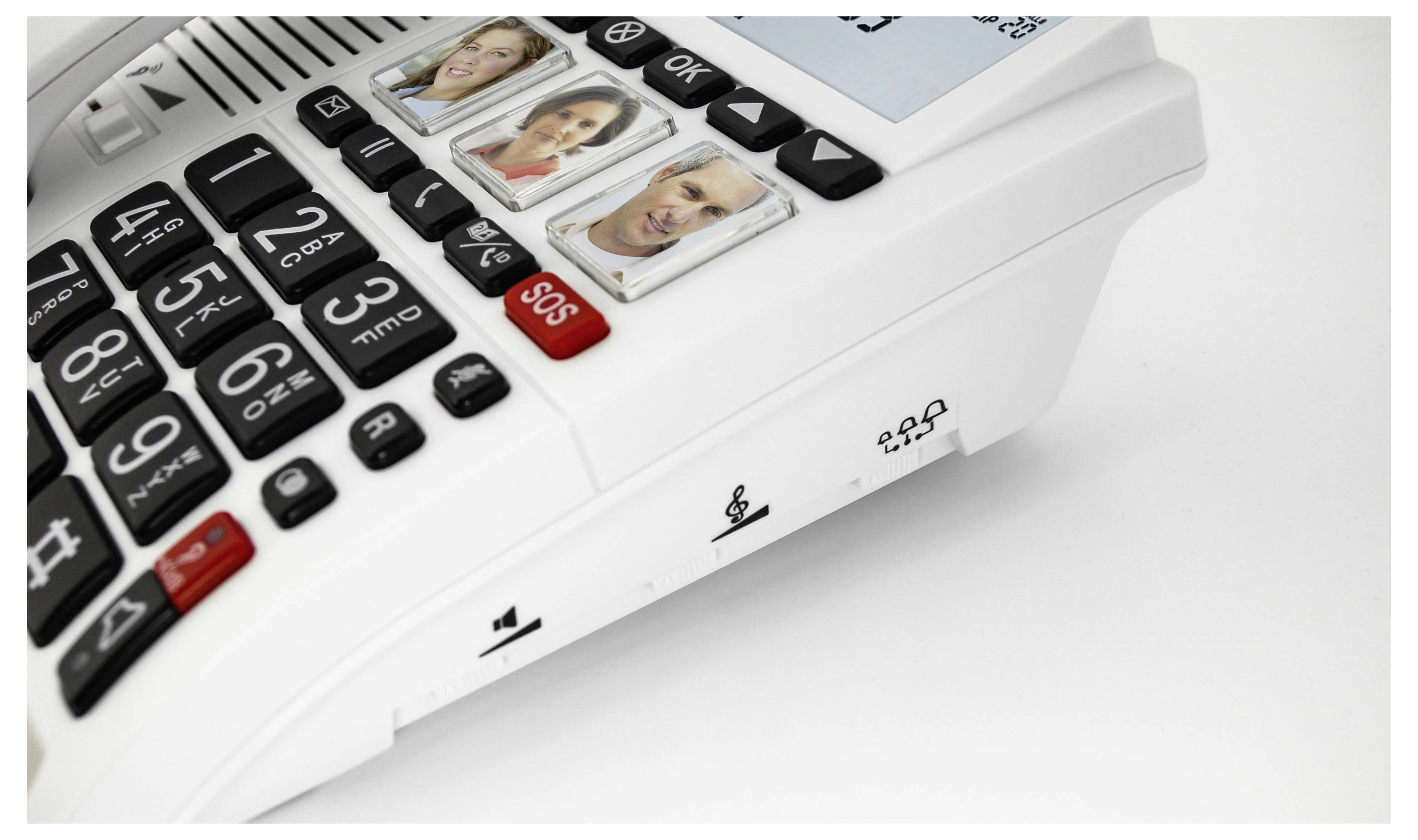 A mobile phone with large buttons, including an 'SOS' button, photo speed-dial buttons indicating emergency contacts, and volume controls.