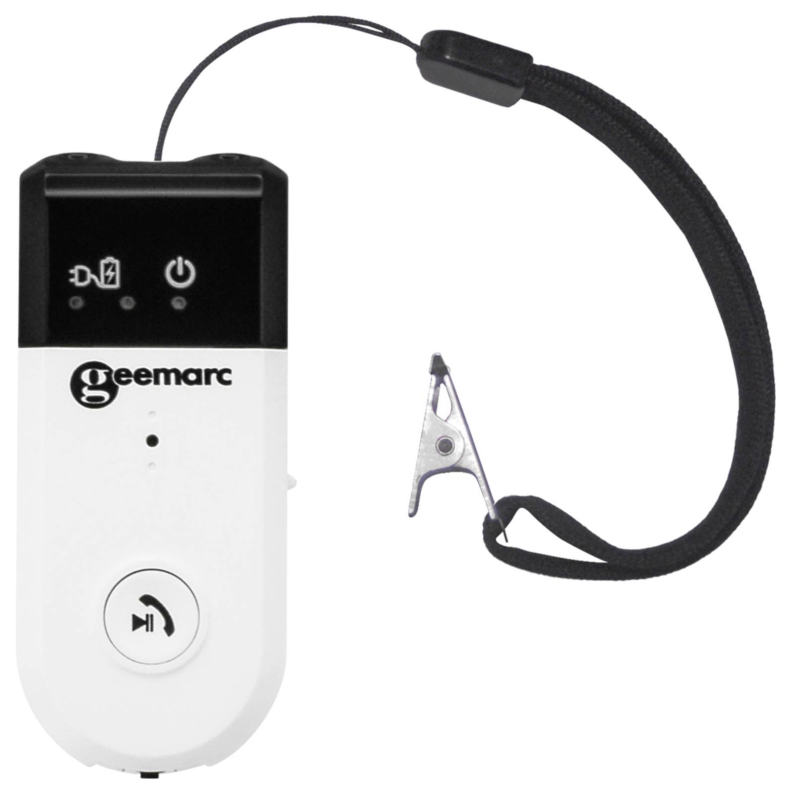 Portable Geemar amplifier with integrated speaker, black and white surface, lanyard with attachment clip.