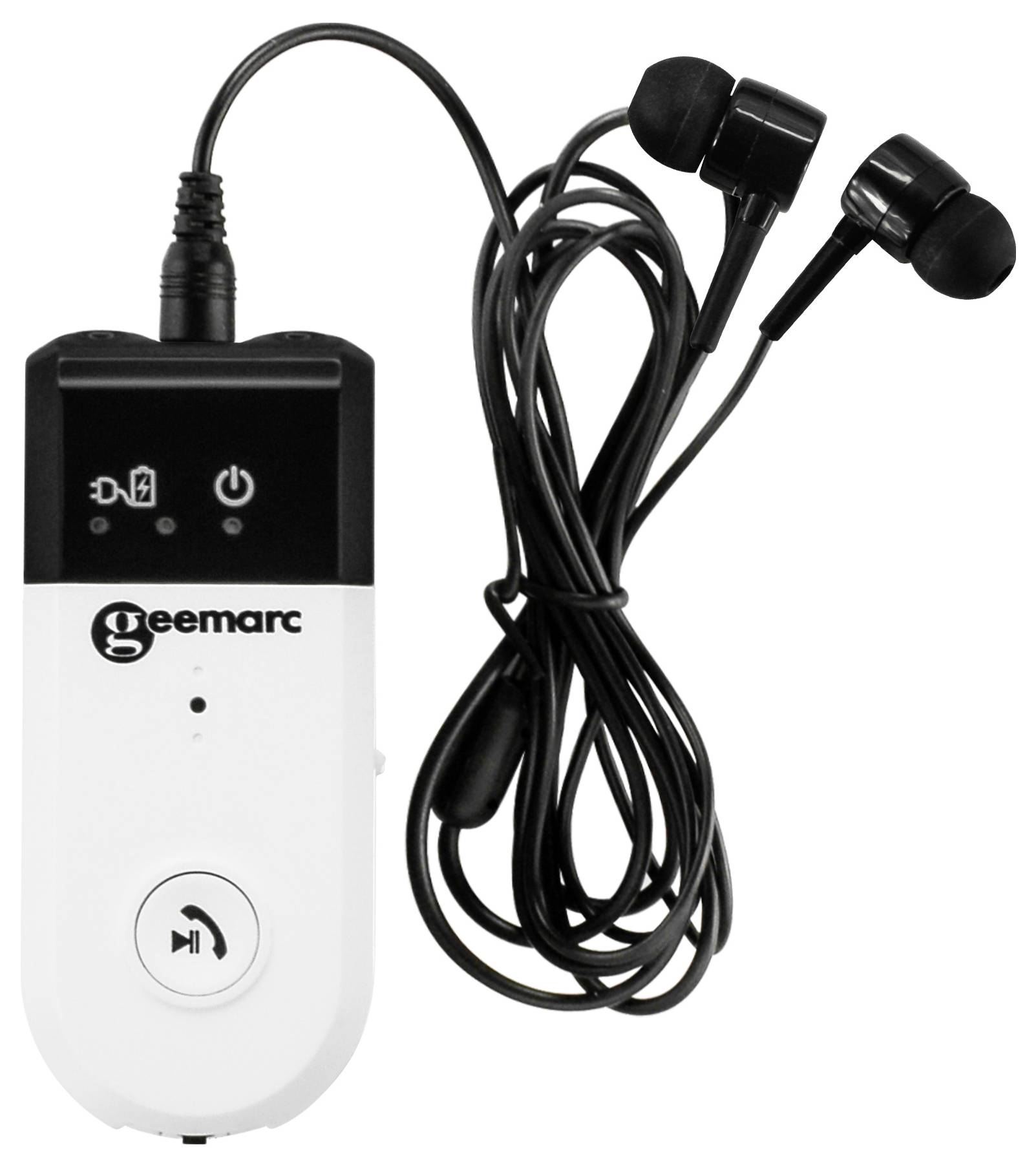 Black earphones with white control unit, a play/pause button and brand logo.