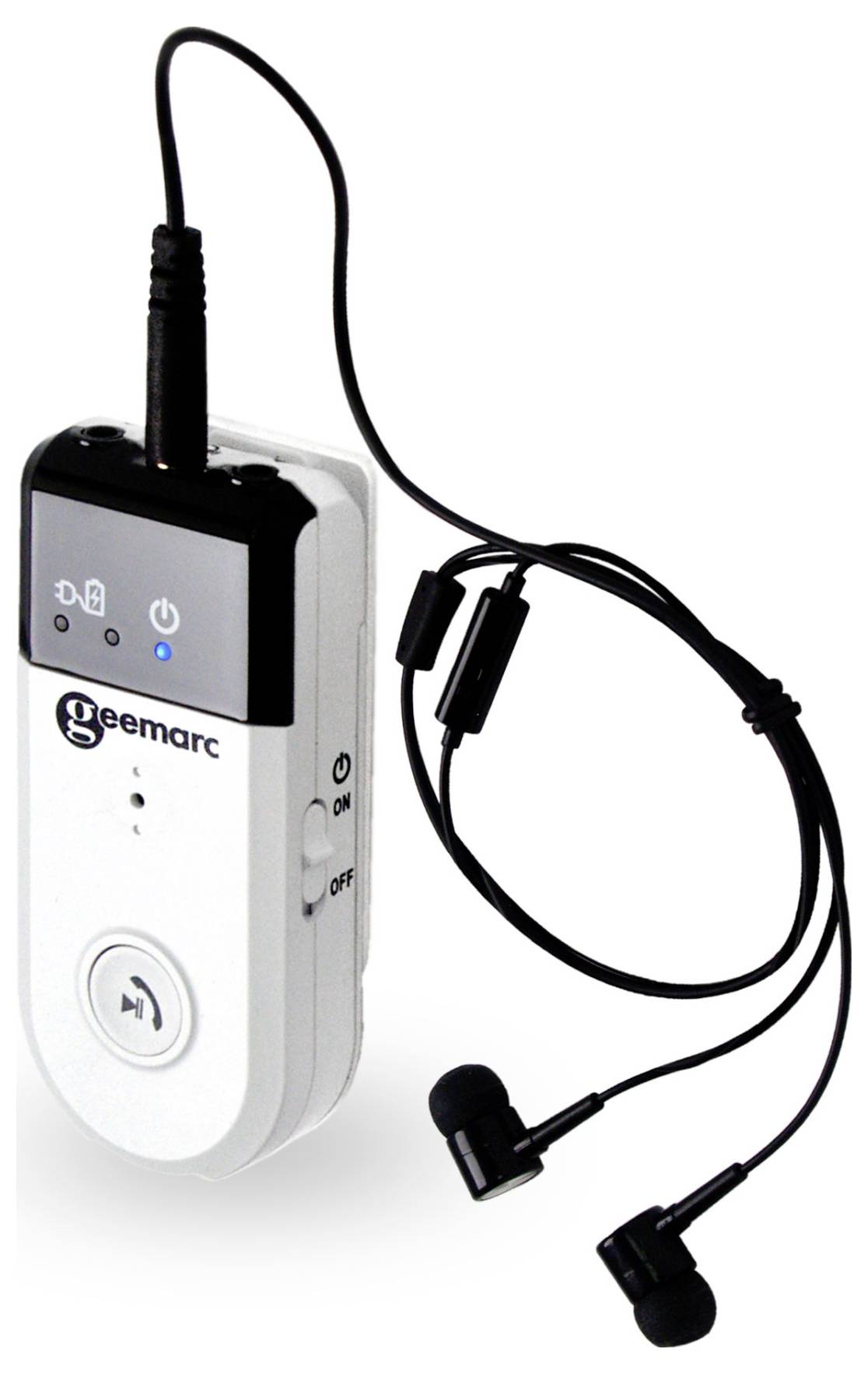 A white, portable headphone amplifier with black cables and earbuds. 'Geemarc' brand name printed on it.