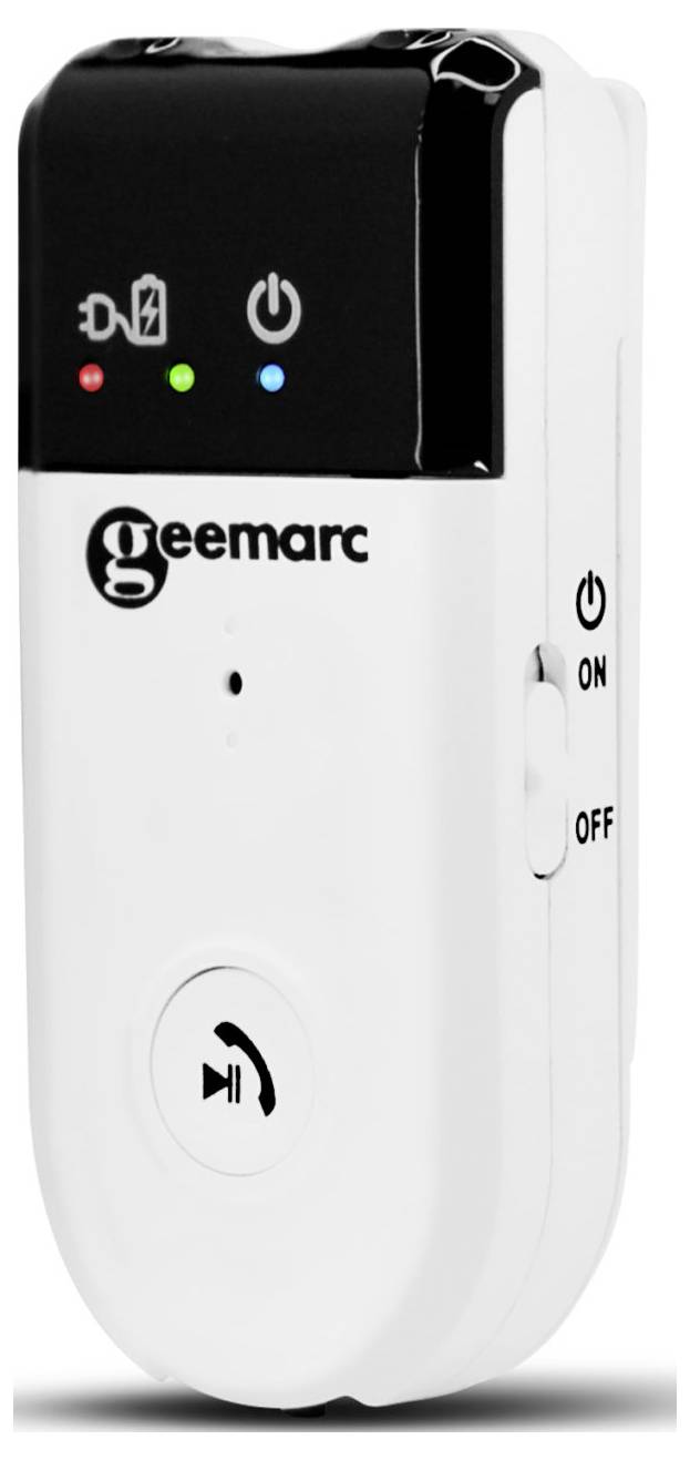 A portable, white wireless radio from Geemarc with an on/off switch and LED indicators for battery and operational status.