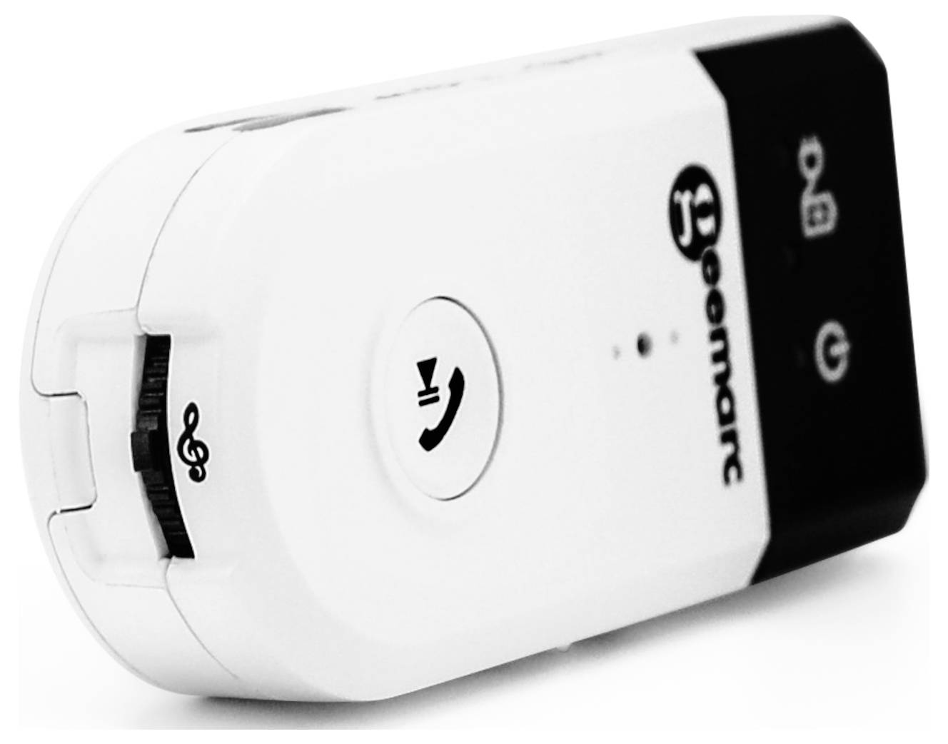 A white portable device with a call icon in the centre. It also has symbols for camera and power on/off.