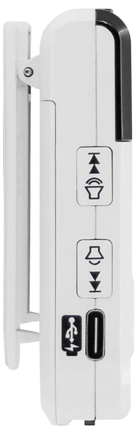 Door intercom located to the side with buttons for answering, ending calls, and a USB port. White surface with black symbols.