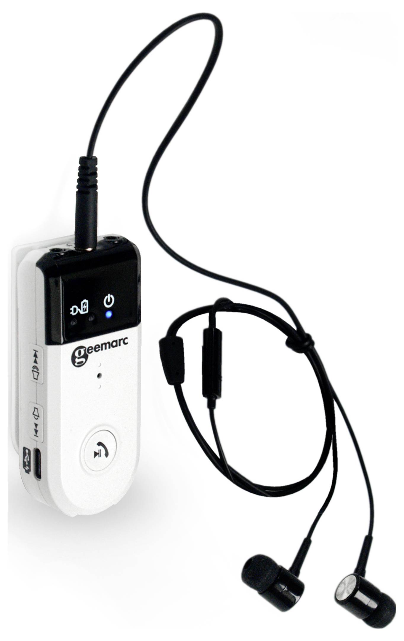 A portable hearing aid with headphones, black cable, and controls on the side. Brand visible on the front.