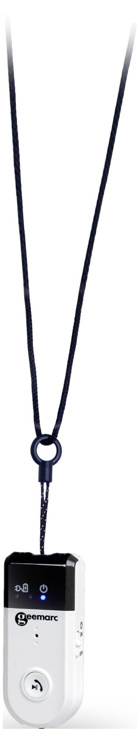 A small, portable electronic device with a display and push-button switch, hanging from a blue lanyard. It displays 'dB'.