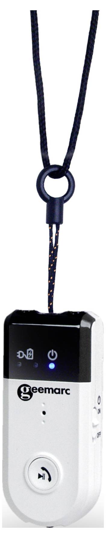 Small portable hearing aid remote control with display and control buttons, suspended from a black cord.