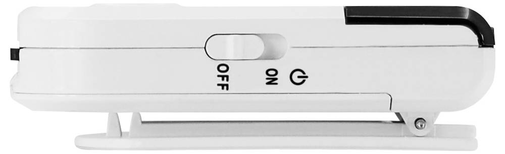 A white portable device with an 'On' and 'Off' switch in the centre. The design is slim and compact.