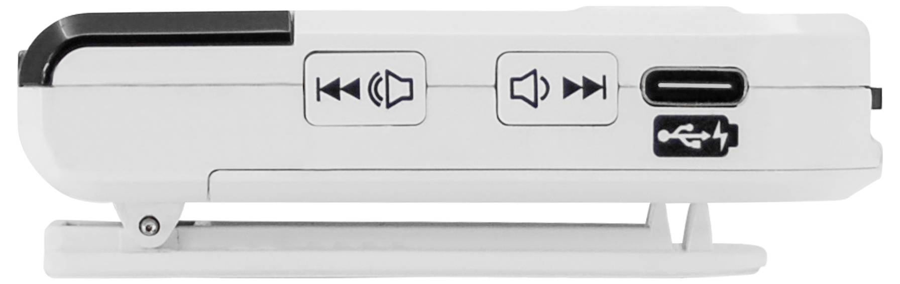 A white device with a USB port, volume buttons, and skip forward/backward buttons on the side.