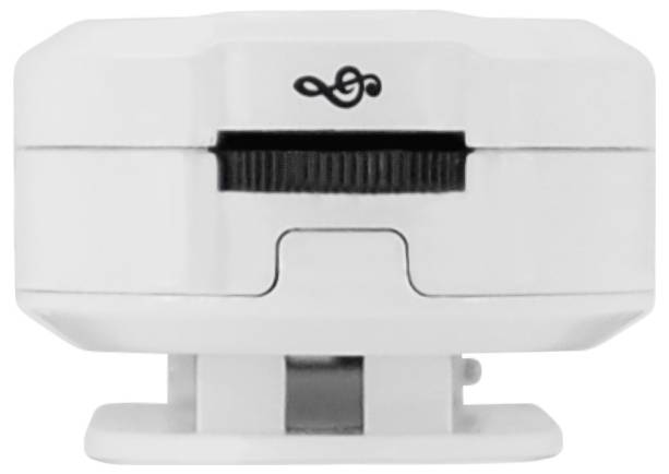 A white, circular smoke detector with a black test button in the centre, mounted on a white base.