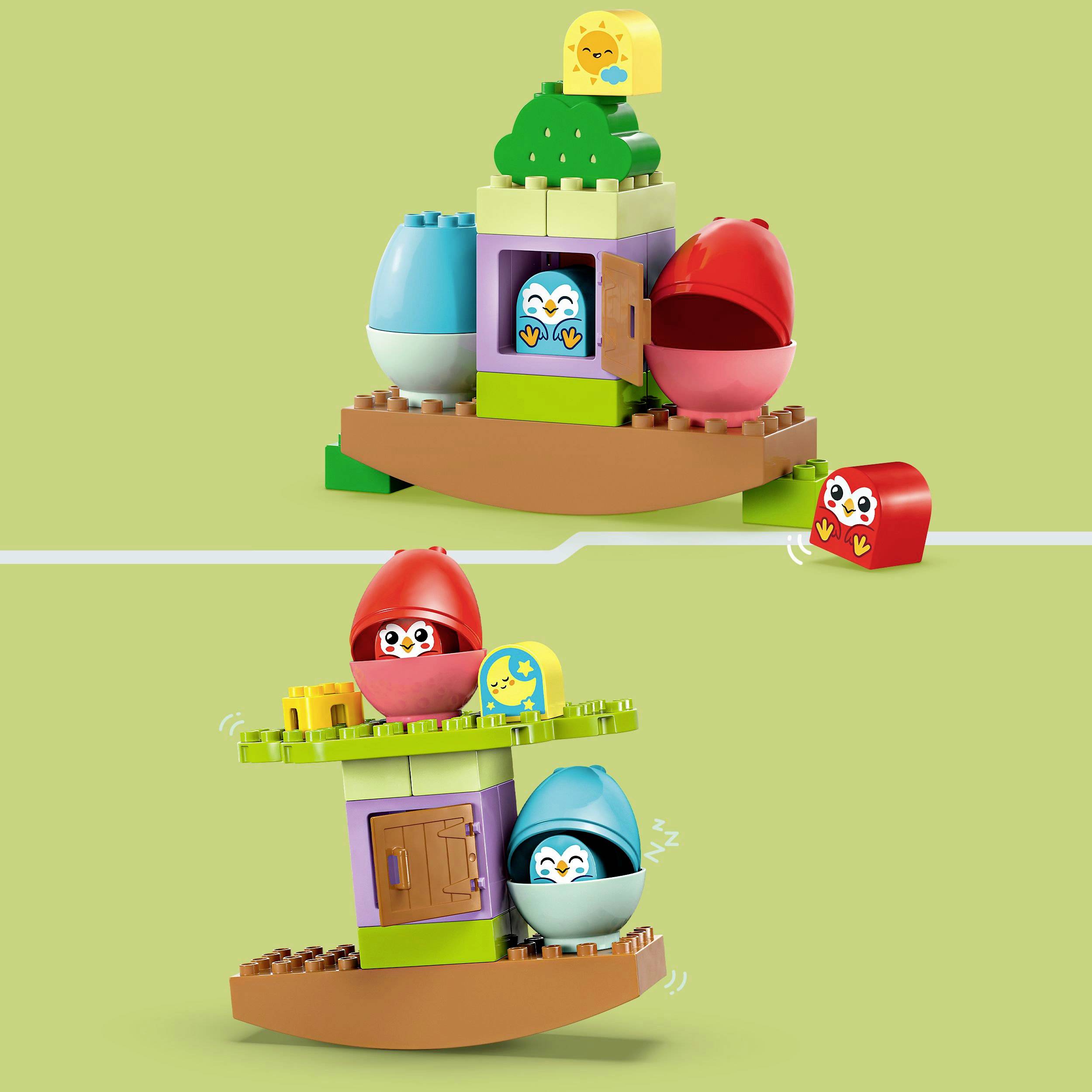 A LEGO set with colourful bricks and a buildable swing, where small, colourful figures are seated.