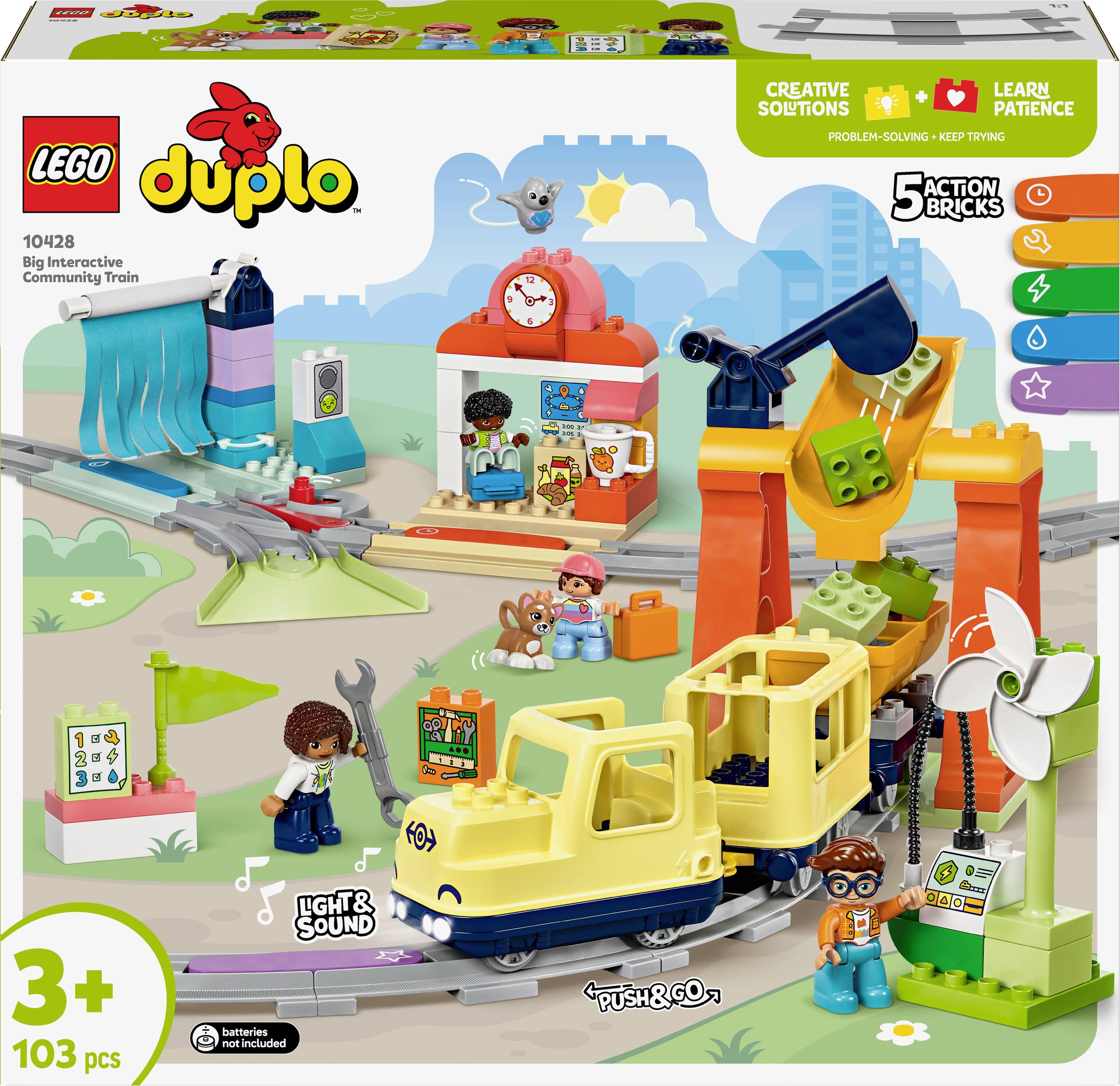 Lid of a LEGO Duplo train-themed set, packed with locomotives, figures and accessories, suitable for children aged 3 and over to encourage creative play.
