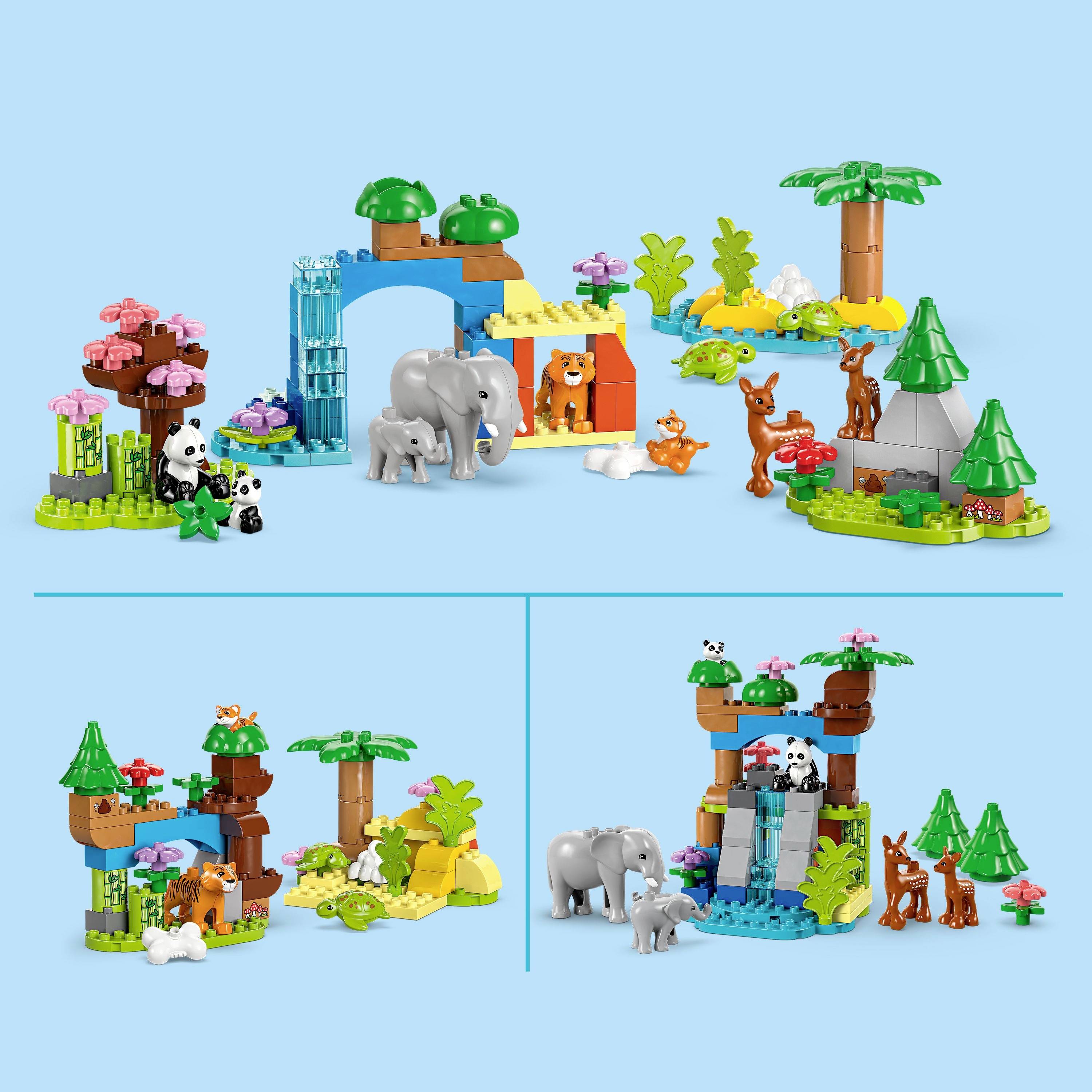 Toy set featuring various animals such as elephants, pandas, and deer in a colourful, block-built jungle environment.