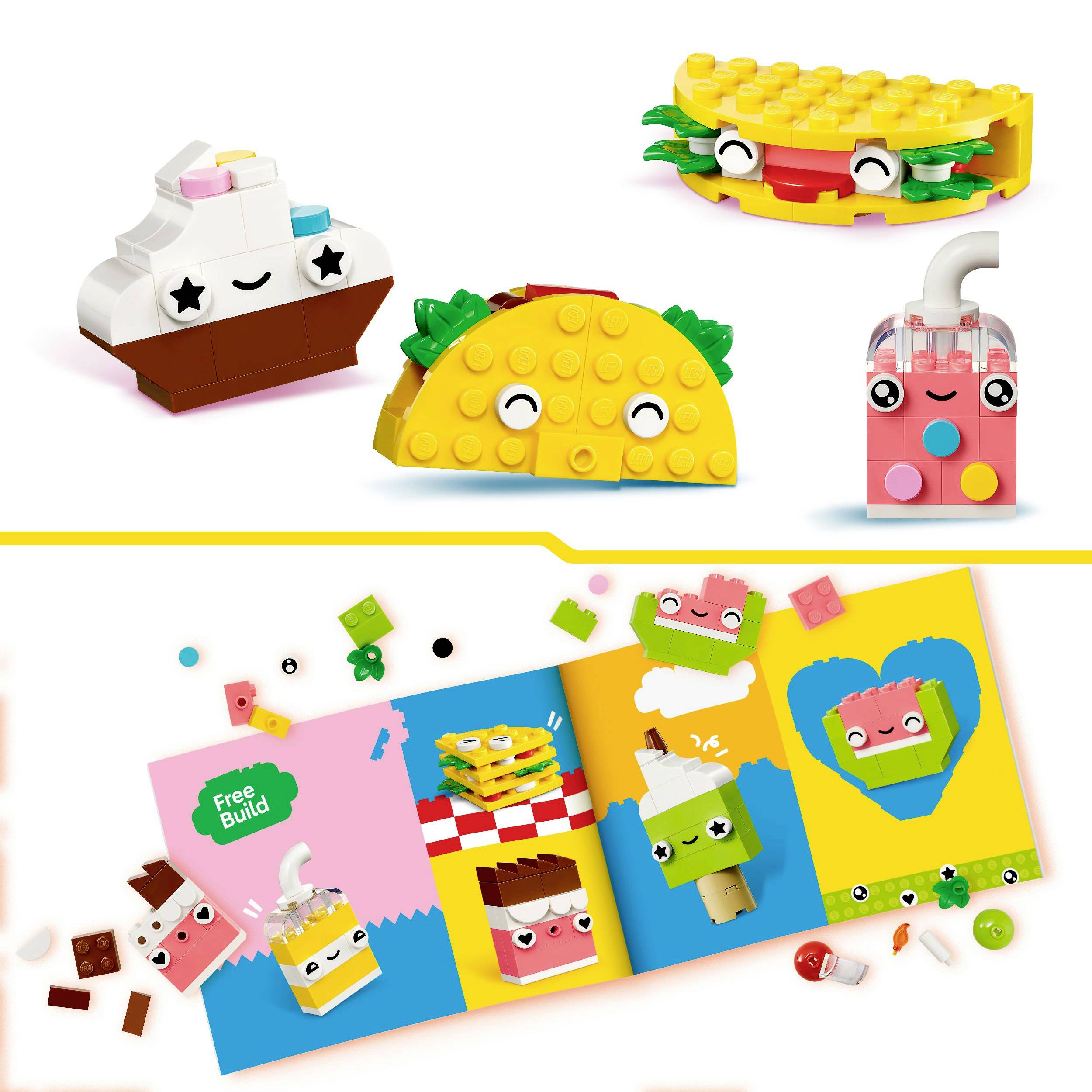 Colourful LEGO bricks in the shape of food items like tacos and drinks showcase creative building ideas in a catalogue.