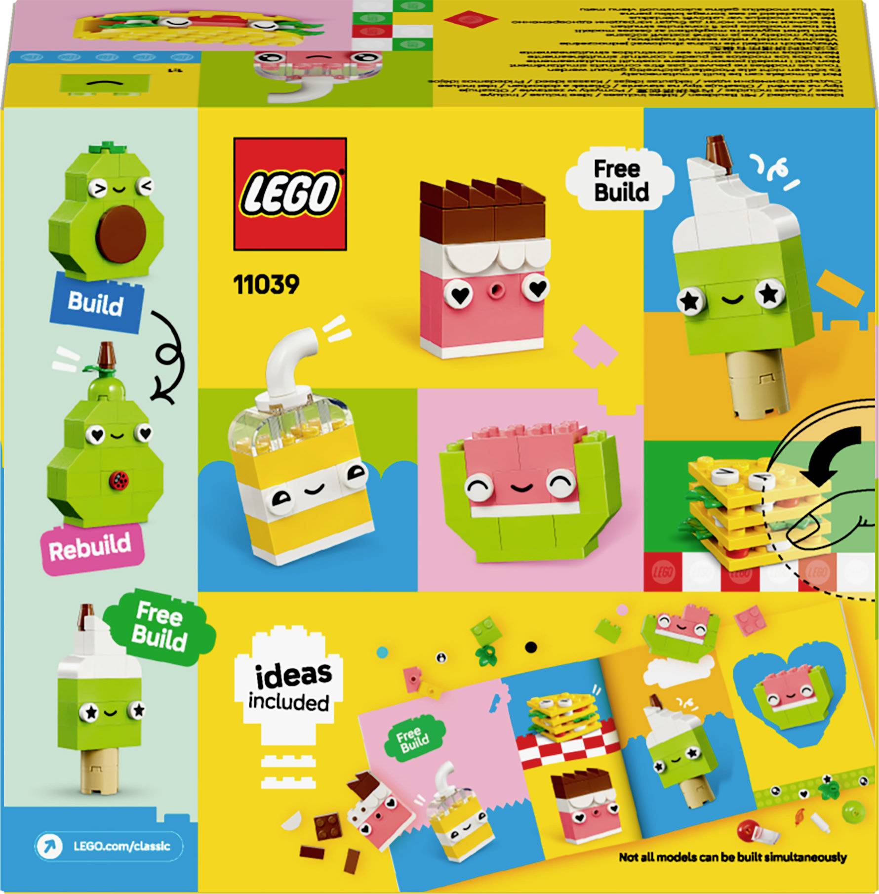 'LEGO Classic 11039' Packaging: Colourful brick creations, smiling faces and play suggestions. Text 'Free Build' and 'ideas included'.