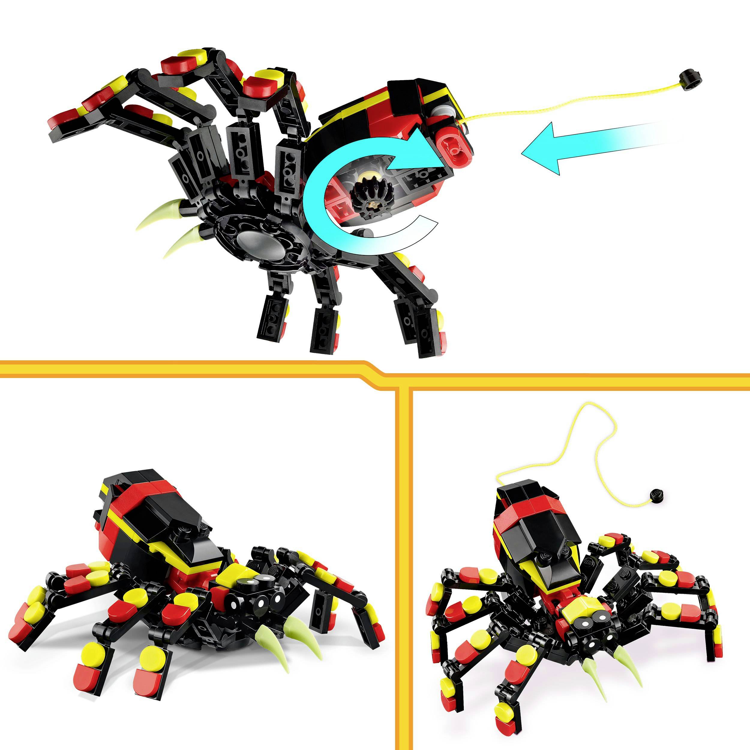 A mechanical toy of a black and red spider with yellow details, demonstrating functions such as moving its legs and head.