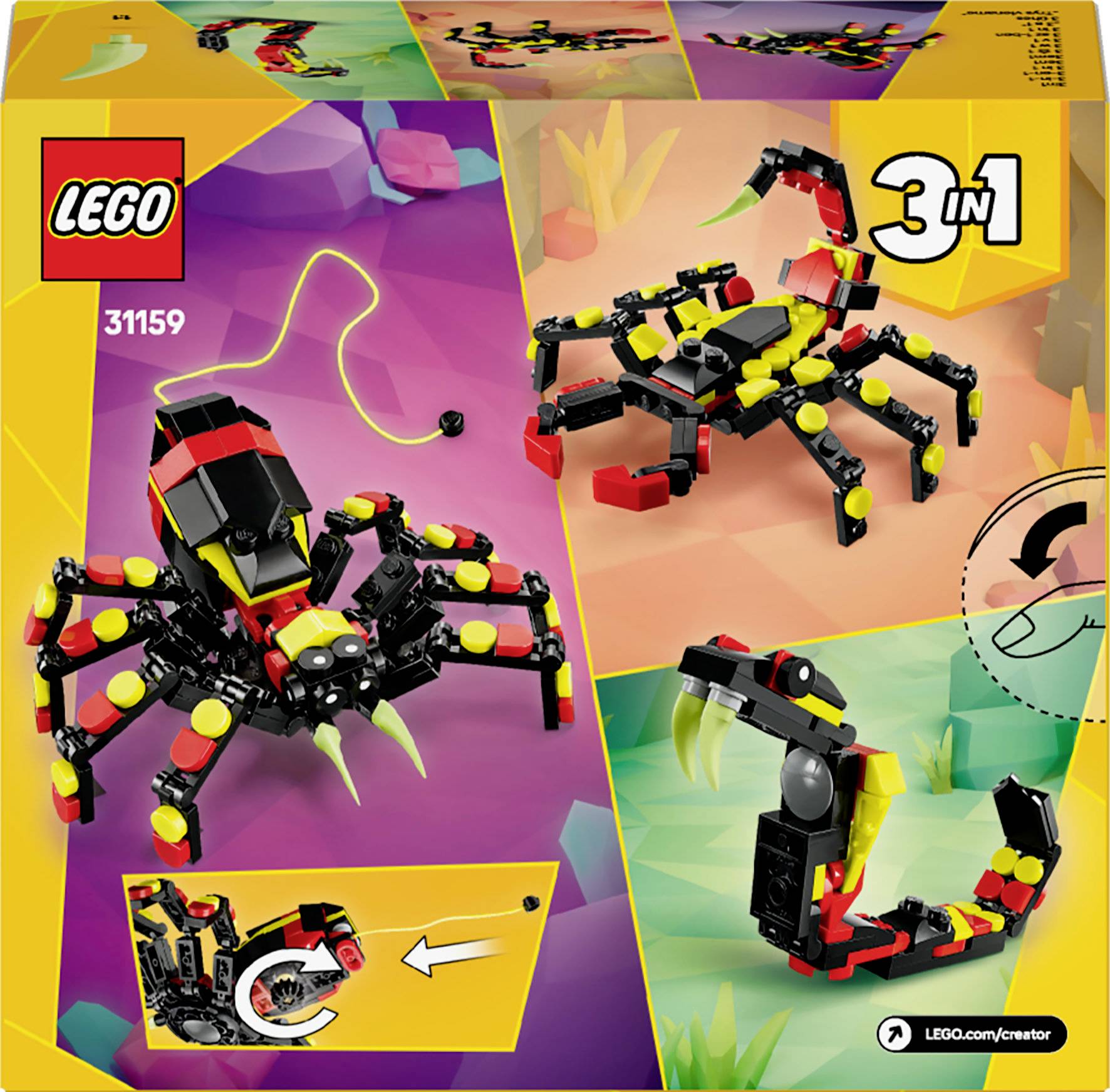 Lego box displays a 3-in-1 set featuring a scorpion, snake, and beetle on a colourful desert landscape. Creative model variations possible.