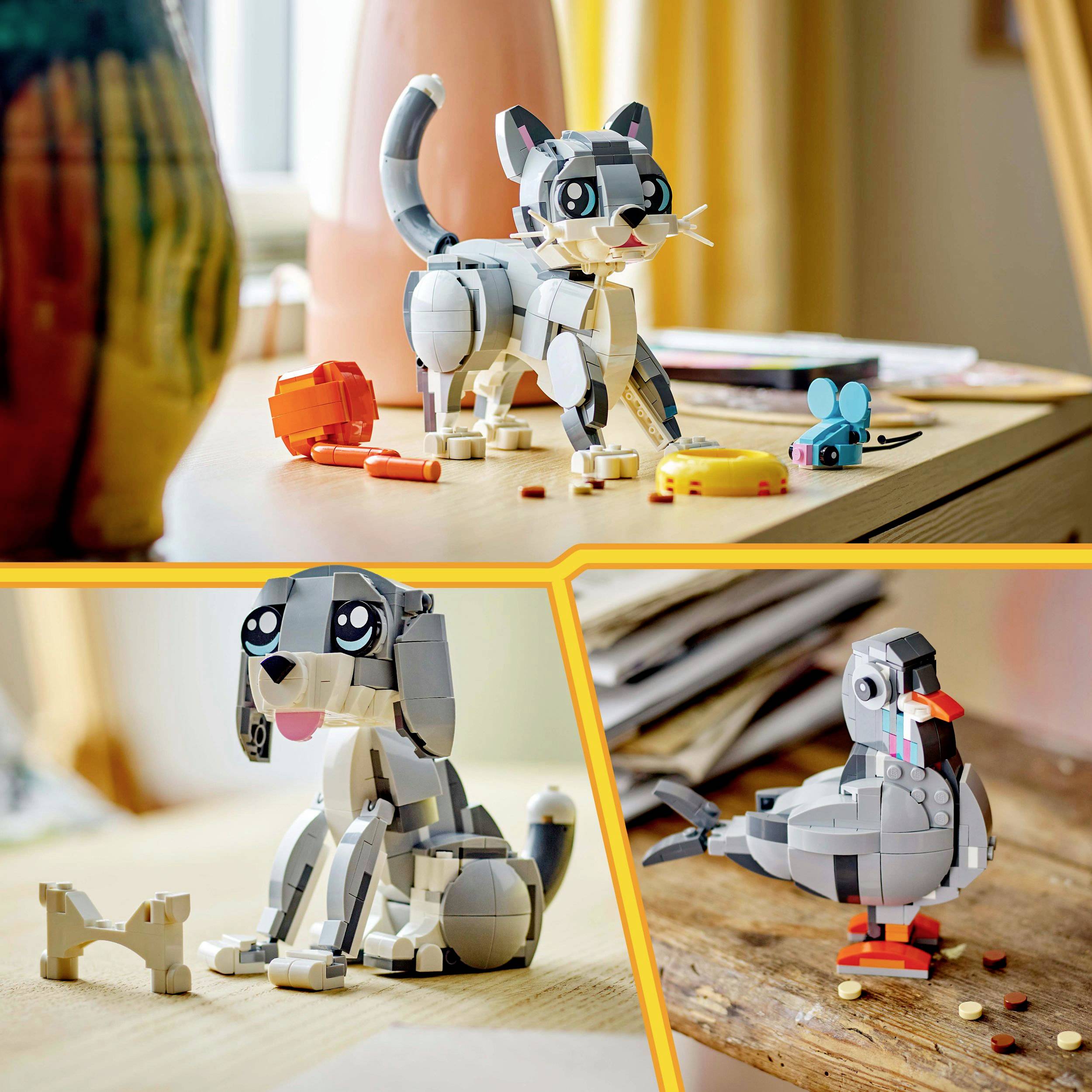 Three building block models: a cat with a mouse on a table, a dog with a bone, and a pigeon, all made from colourful building blocks.