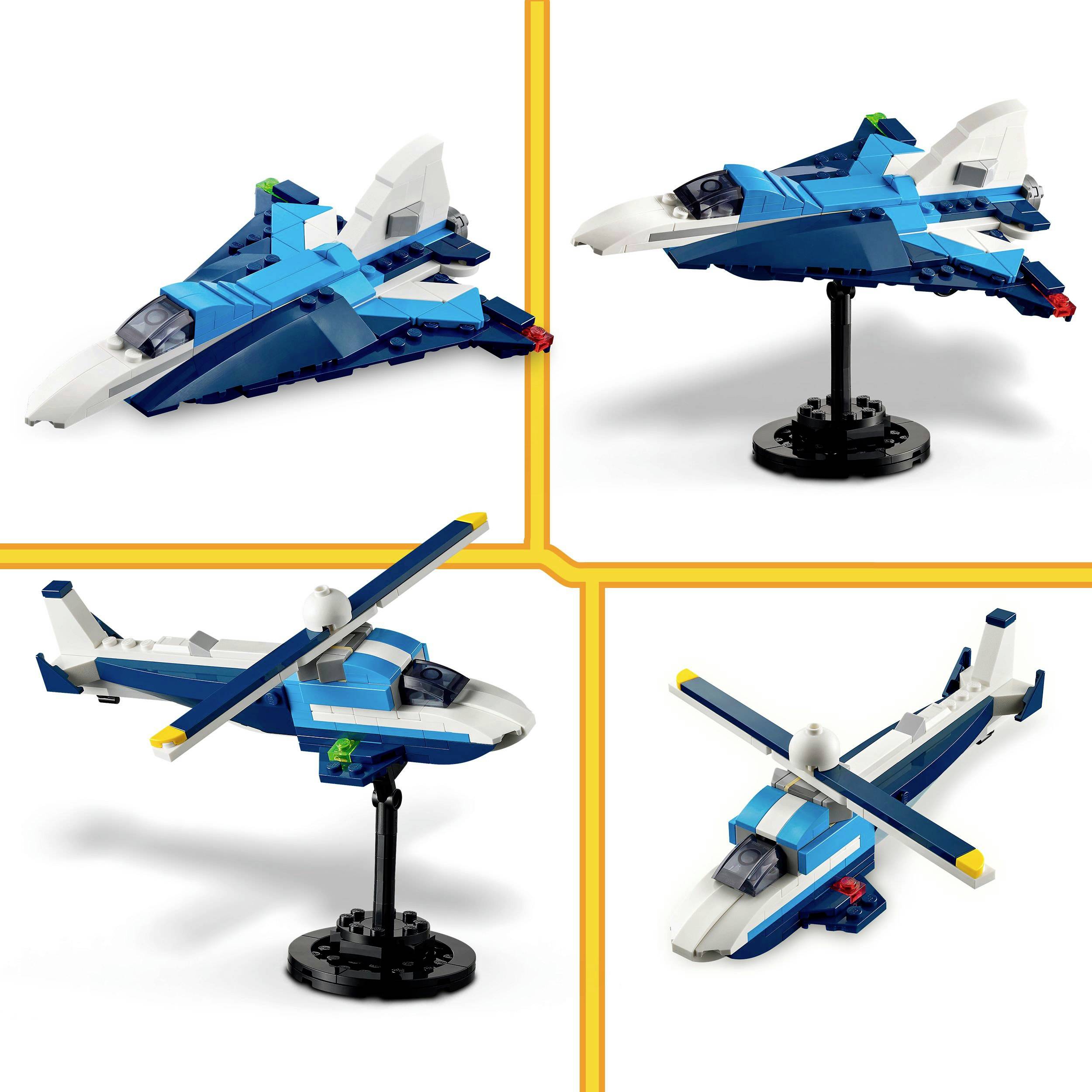 Four images display blue and white LEGO models: two jets, an aeroplane and a helicopter. Each model features distinct details and components.