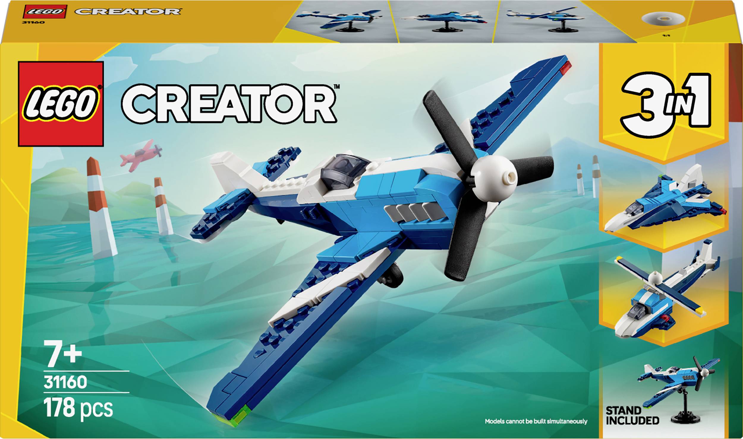 LEGO Creator 3-in-1 Set with Aeroplane, Helicopter and Jet. Contains 178 pieces. Suitable from 7 years. Propeller aircraft in the foreground.
