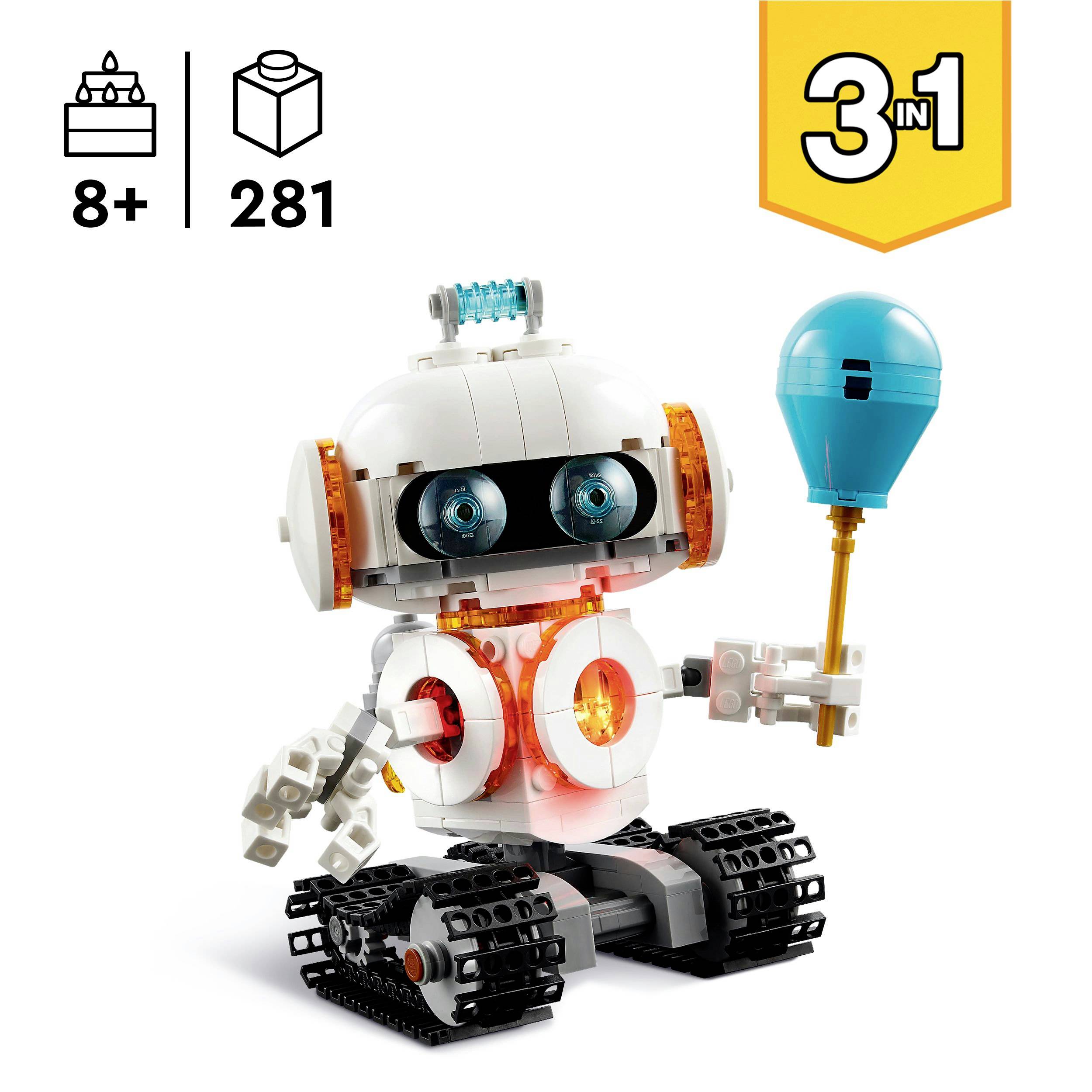 A buildable robotic model made of building blocks for children aged 8 and above, consisting of 281 pieces. 3-in-1 set with three possible combinations.