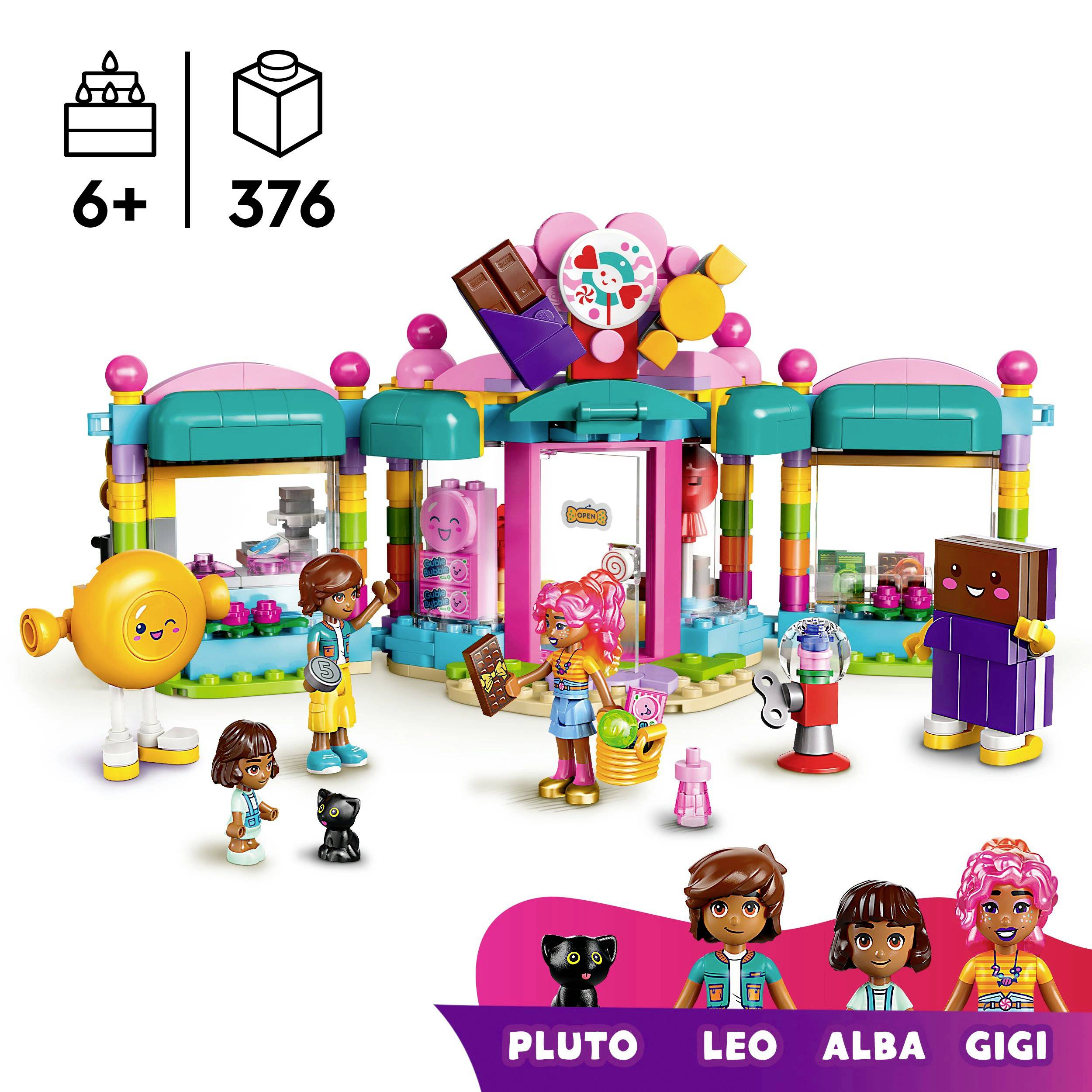 Construction kit for children aged 6 and over with 376 pieces: Figures in front of a colourful sweet shop with animals and accessories; Figures: Pluto, Leo, Alba, Gigi.