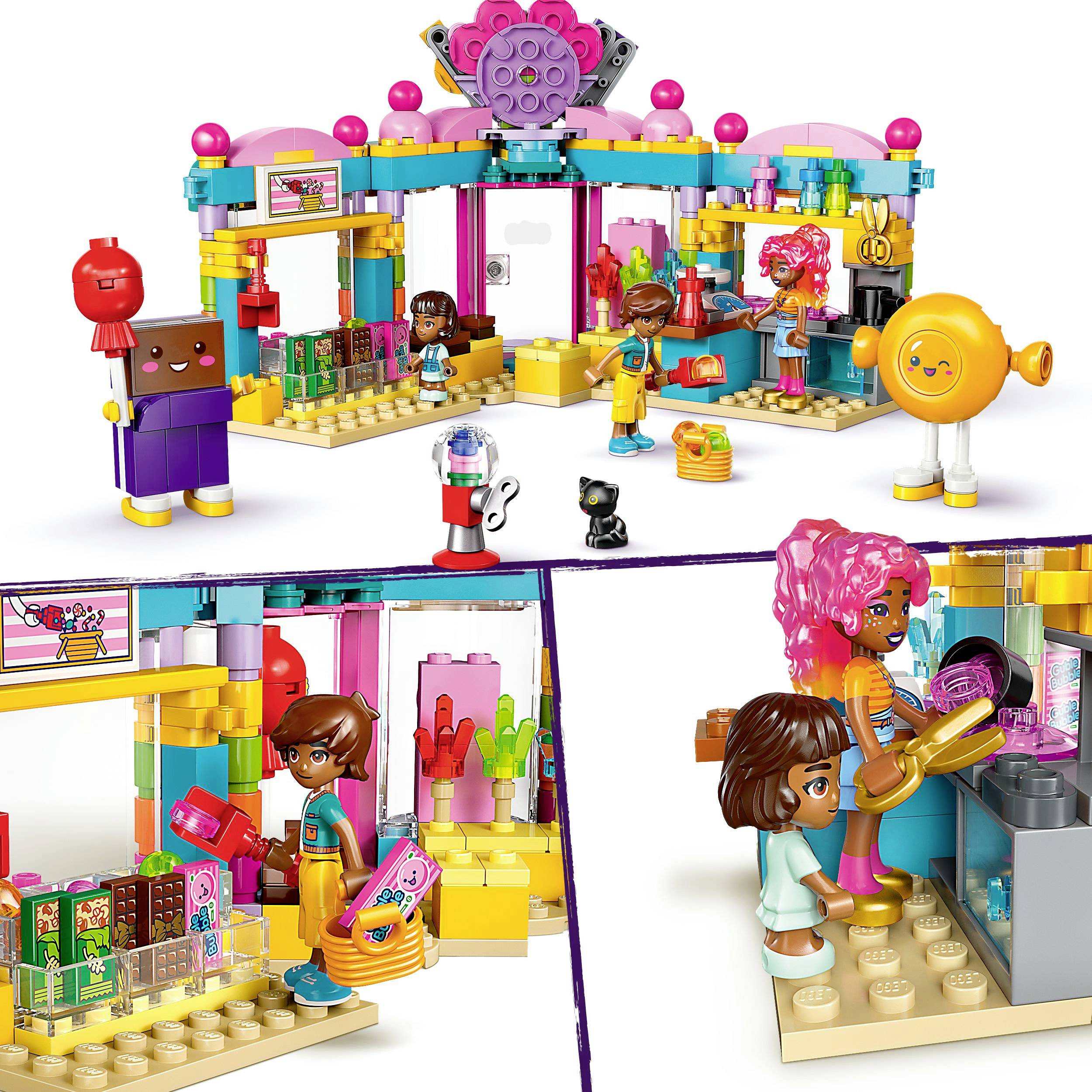A colourful play scene shows children playing with building blocks in a sweet shop. There are numerous colourful building blocks and figures.