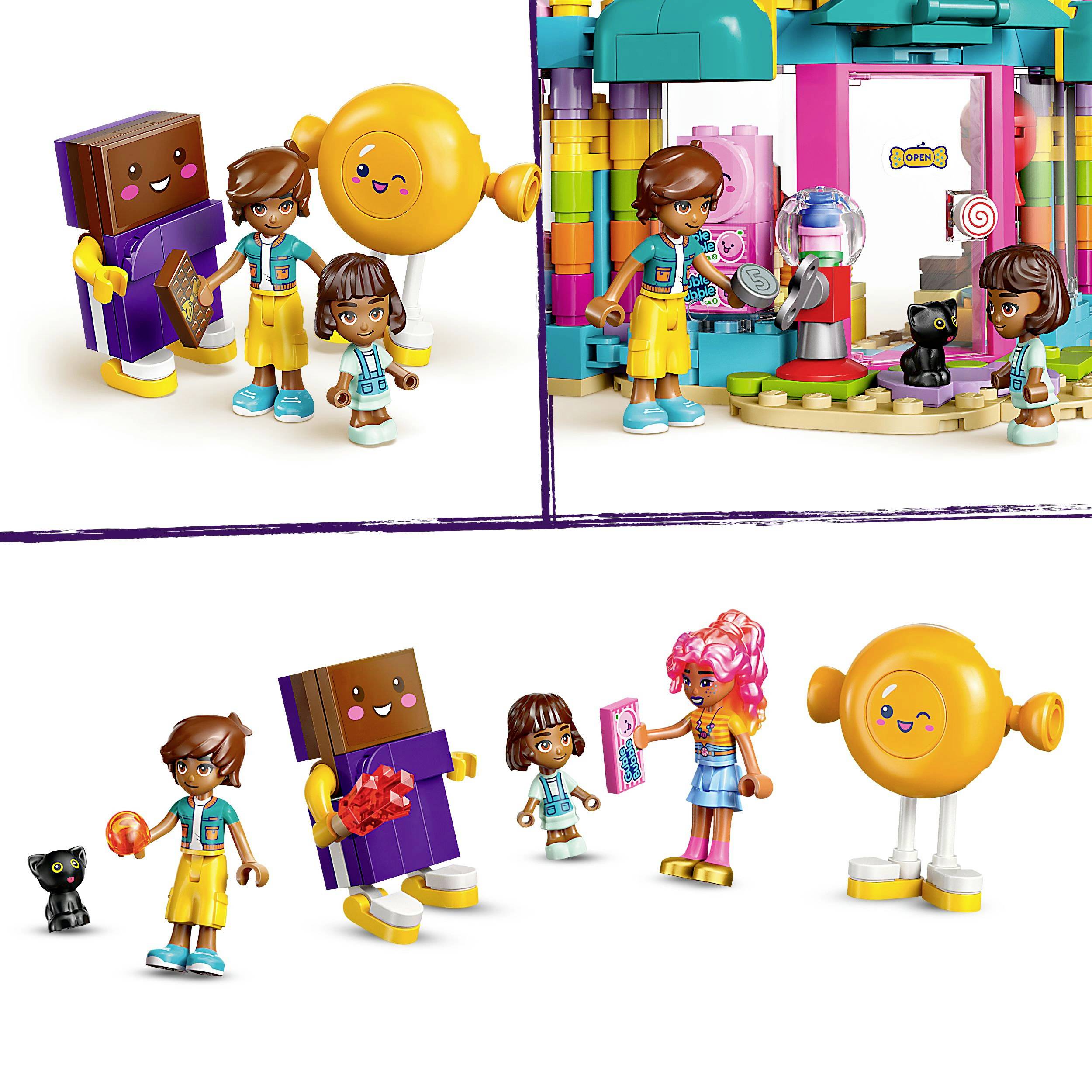 Toy figures in a colourful setting; two children with an animal and a building. One figure is holding a gift, another a book. There is a hairdresser's salon and a dog.