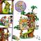 Lego tree house playset with a slide, figurines, and various play scenes. Children interacting with the toy and treehouse.