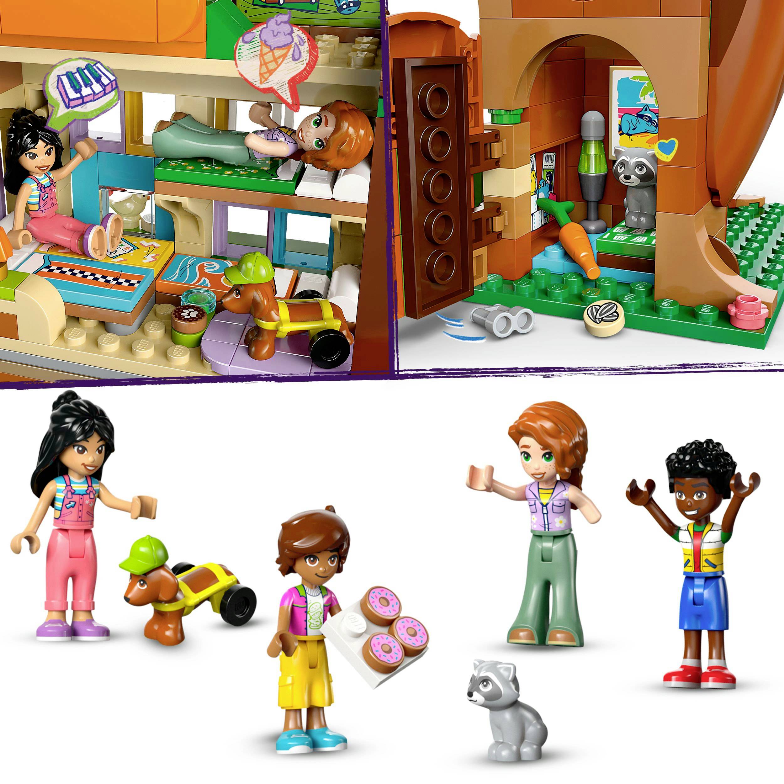 Three play figures with toys and animals in a colourful toy house; includes a small dog and a cat.