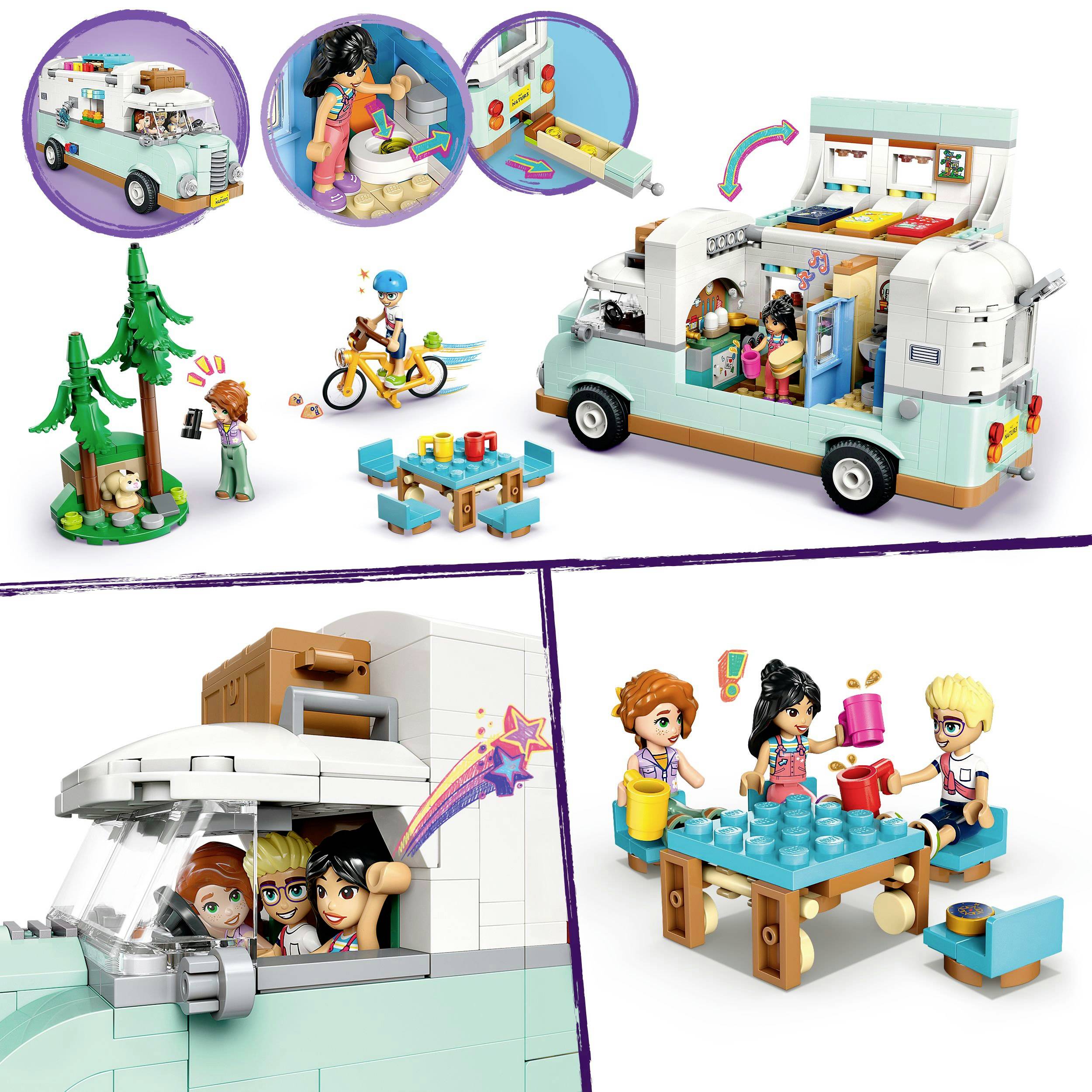 Children are playing with a toy camper van set. It includes figures, a table, trees, and a dog. One figure is riding a bicycle.
