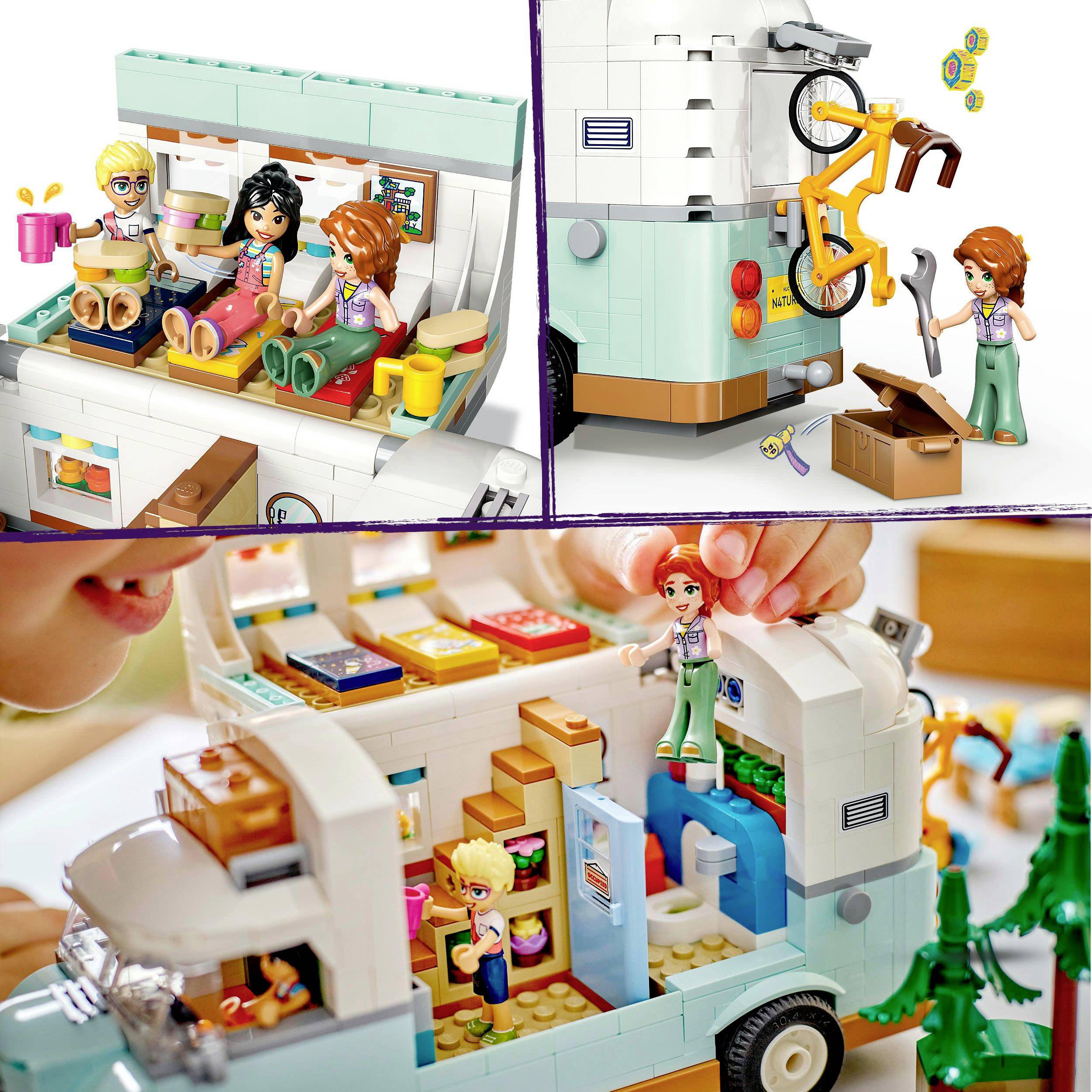 A toy travel coach with figures: one with a tool and one with a mug. Interior spaces show beds and furniture.