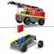 A LEGO fire engine with two minifigures in the cockpit. The set also shows the build stage without wheels, with two blue seats.