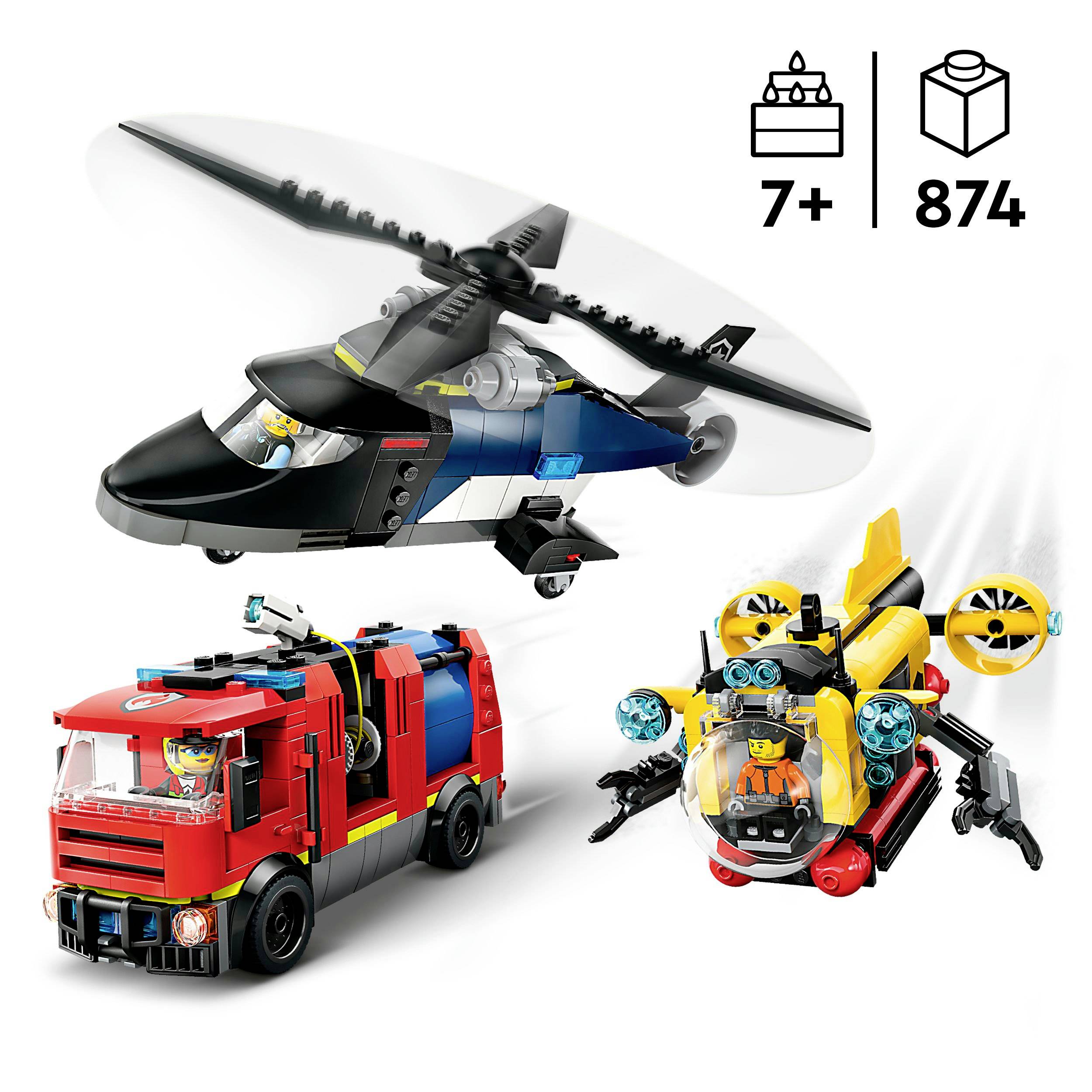 Toy building block set featuring a helicopter, fire engine, and submarine. Suitable for children aged 7 and above, 874 pieces.