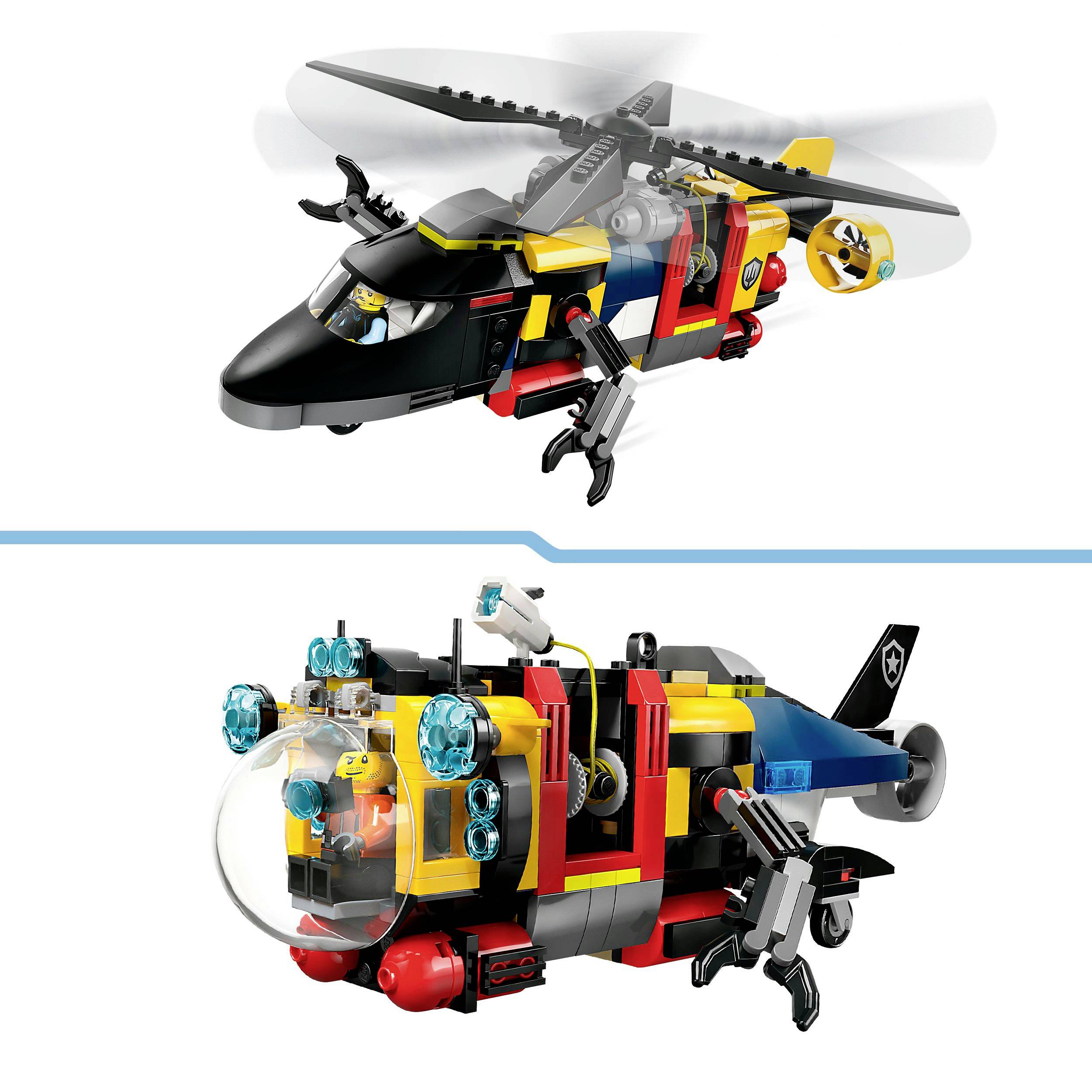 A construction kit poster displays a helicopter and a submarine made from colourful building blocks. Both vehicles feature detailed elements and movable parts.