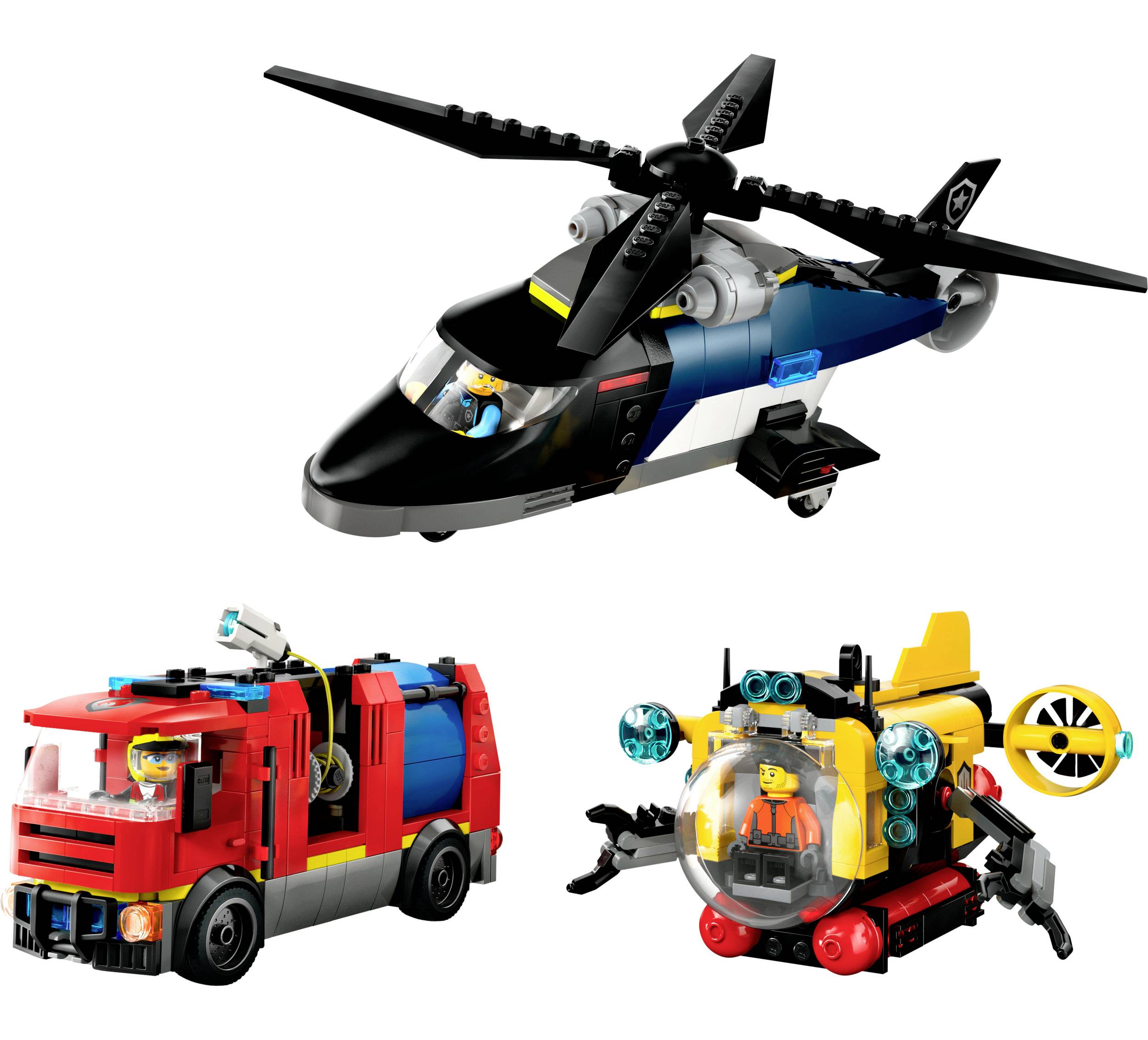 Toy set comprising a red ambulance, black helicopter, and yellow submarine, each vehicle featuring its own figures.