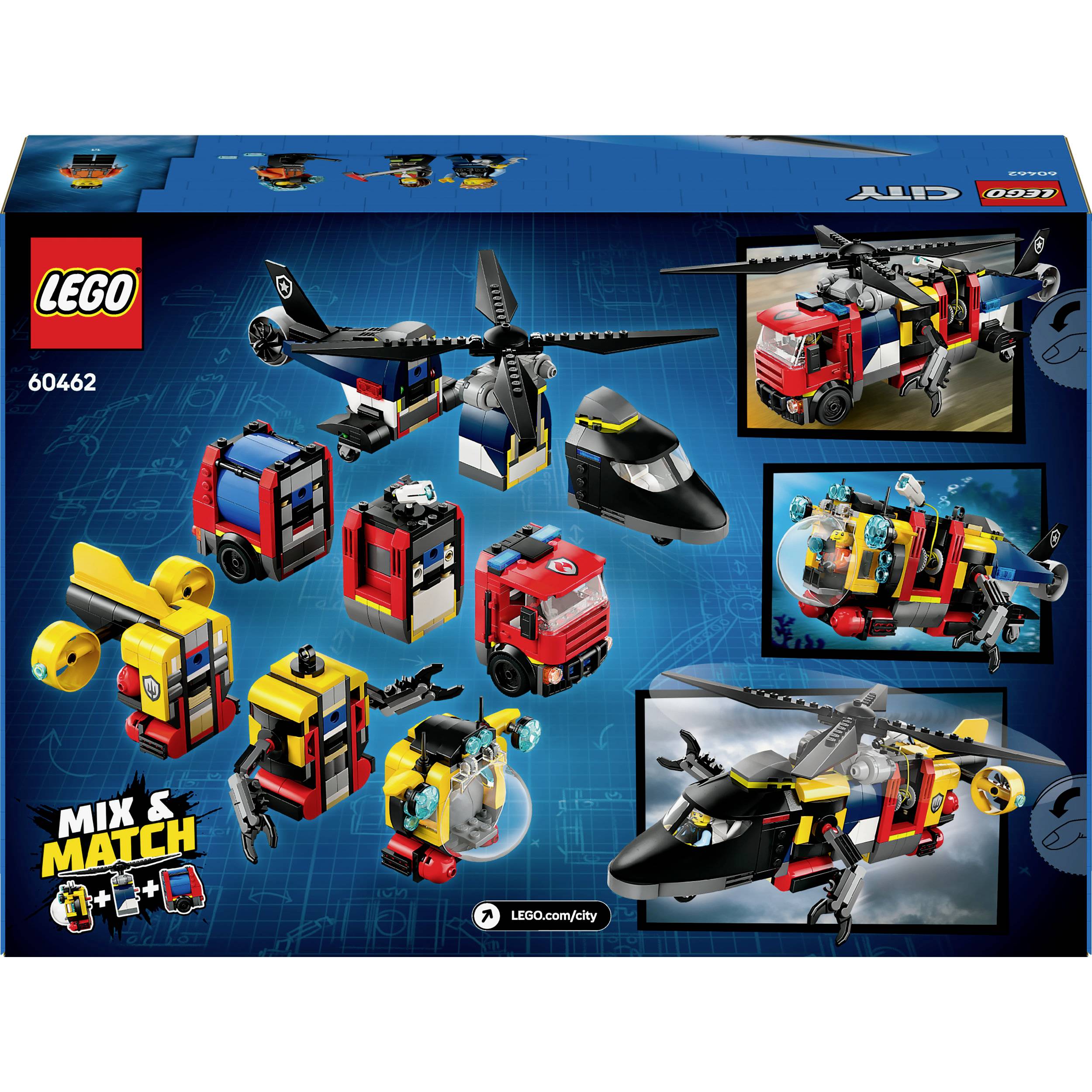 Lego Set with Various Vehicles: Helicopter, Train, Lorry. 'Mix & Match' Design. Box Displays Models and Combination Options.