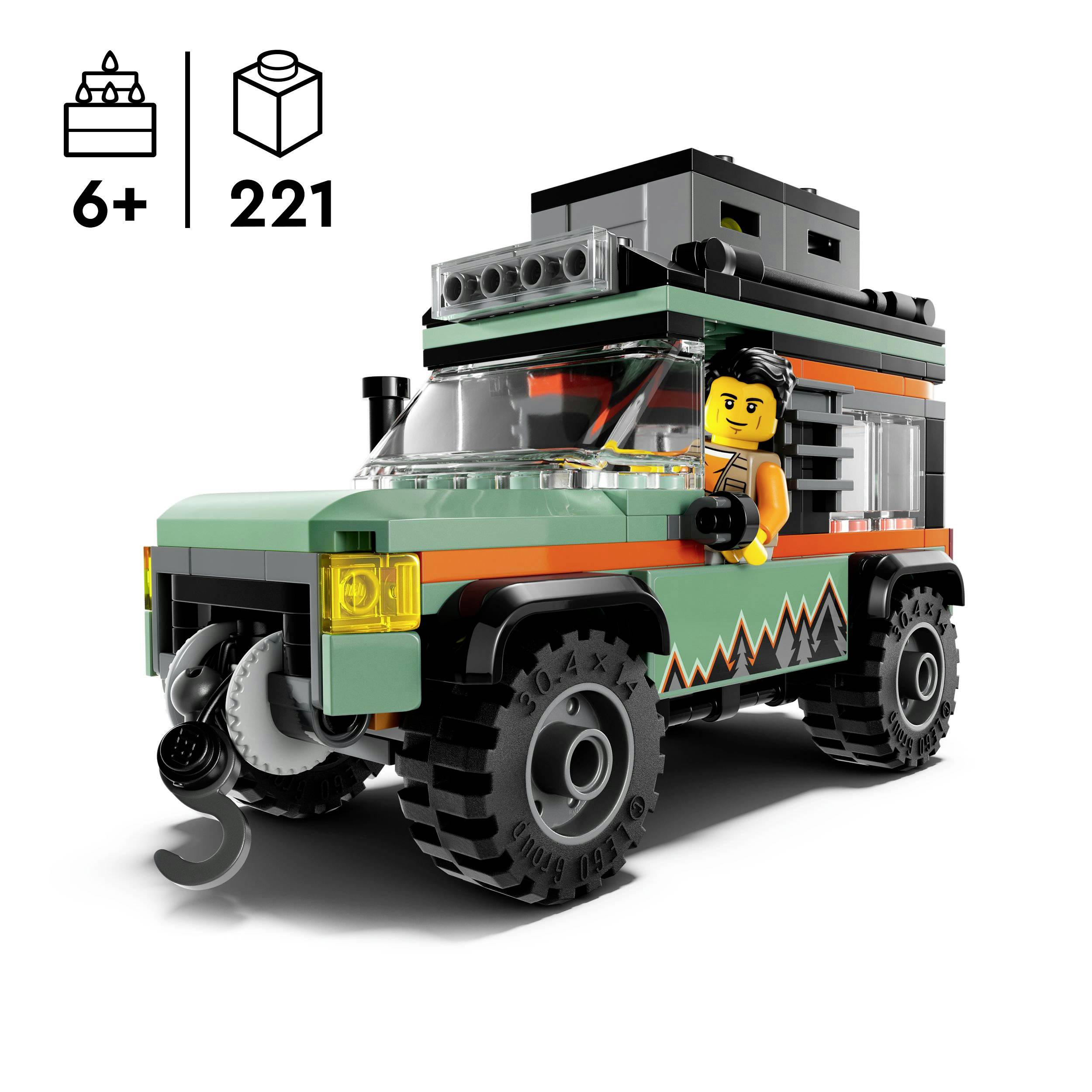 A LEGO off-road vehicle with a driver figurine and camping equipment. Suitable for ages 6 and up, contains 221 pieces.