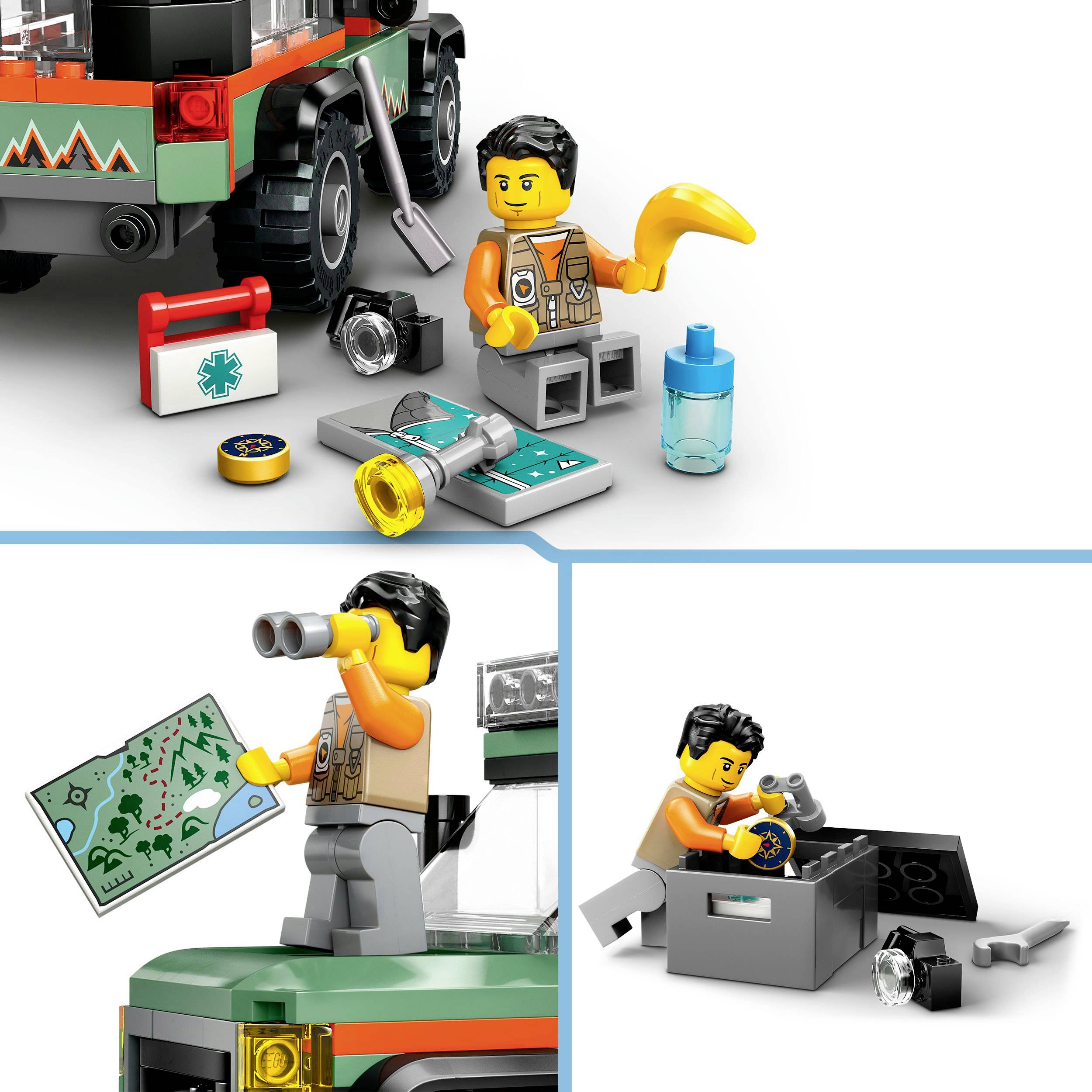 An adventure playset shows a figurine with binoculars and a map in front of a vehicle loaded with tools and equipment.