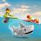 Lego figures are surfing on light blue waves, while a grey shark swims through the water beneath them.
