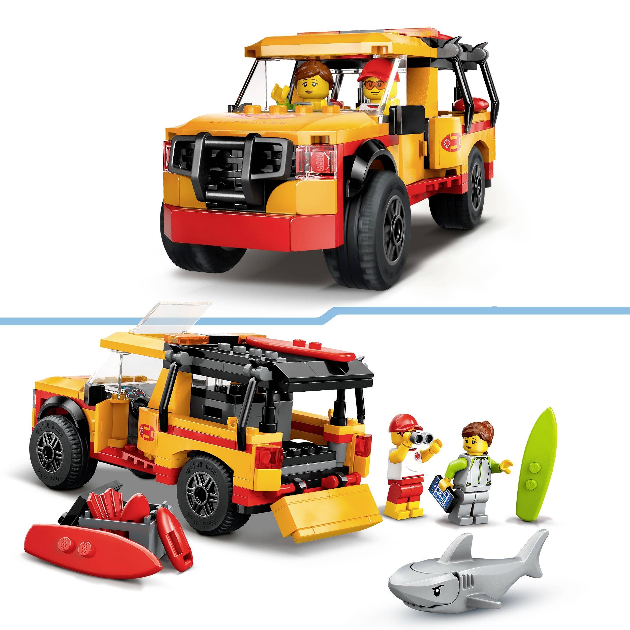Yellow off-road toy vehicle with two figures, surfing equipment, and a shark. Designed for creative play scenes at the beach.