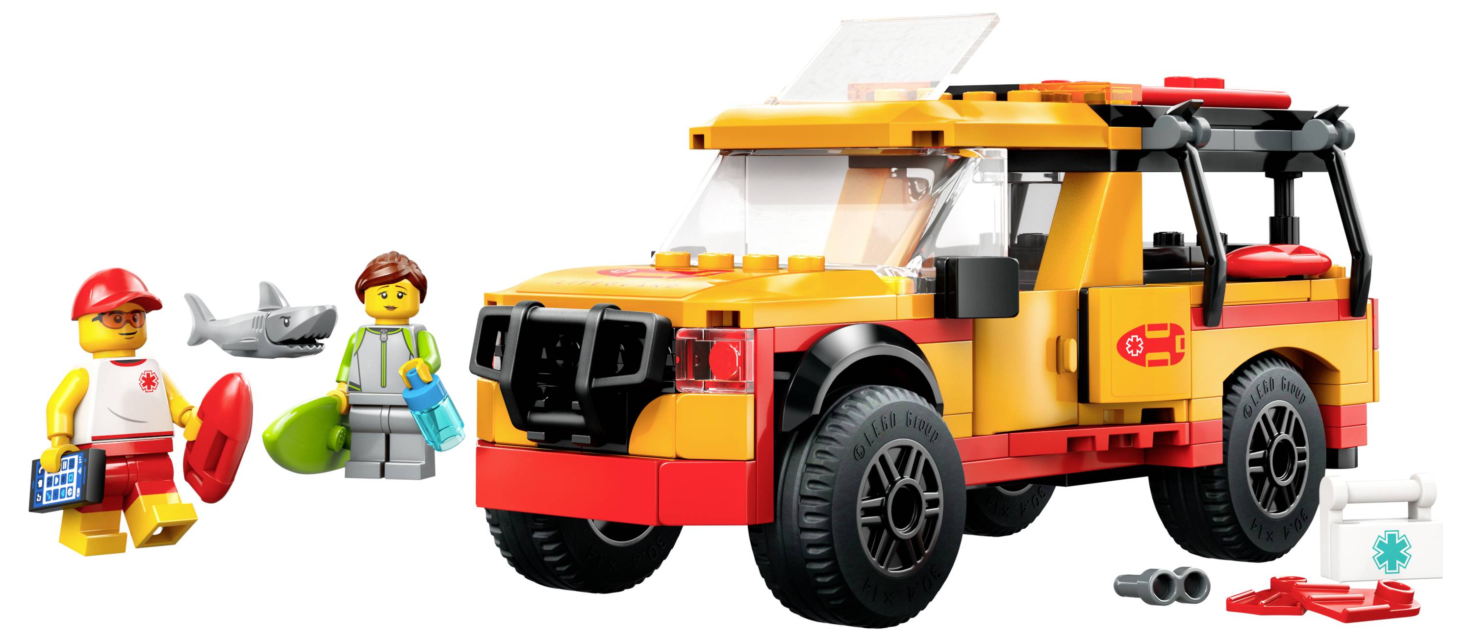 A yellow toy car in an off-road vehicle style with two toy figures: a lifeguard with a toy shark and a tourist with a camera.