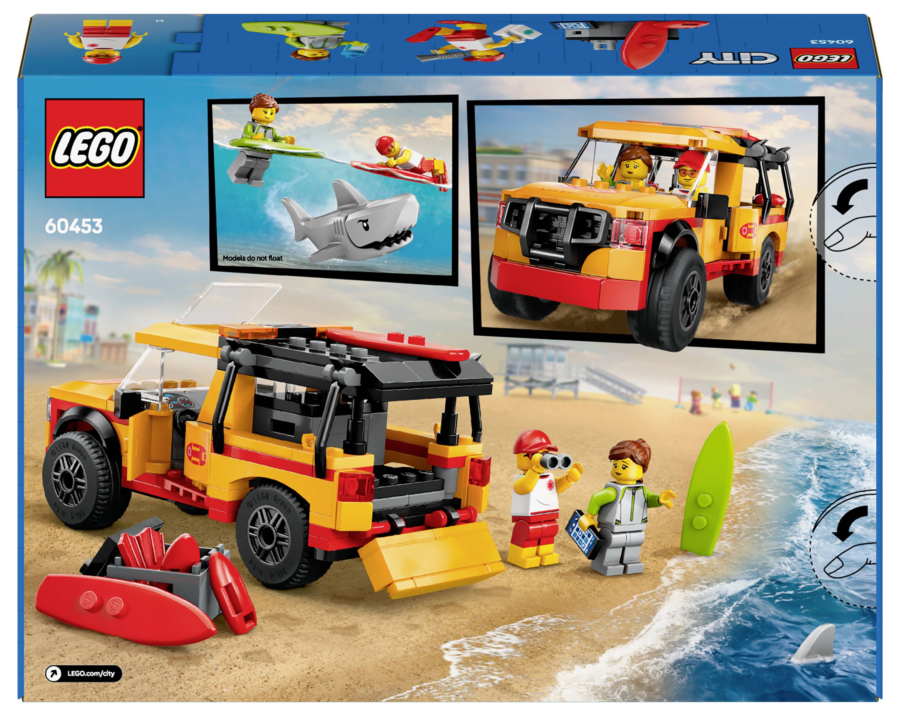 LEGO Set 'Beach Rescue Vehicle' depicting a rescue vehicle, shark, surfer and two minifigures on the beach.
