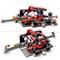 LEGO set of a Formula 1 pit stop with a red racing car, mechanics, and equipment. Here, tyre changes and refuelling are being simulated.