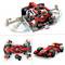 The image depicts a LEGO set featuring a Ferrari racing car and a pit stop scene. Figures are working on the car, which is coloured red and black.