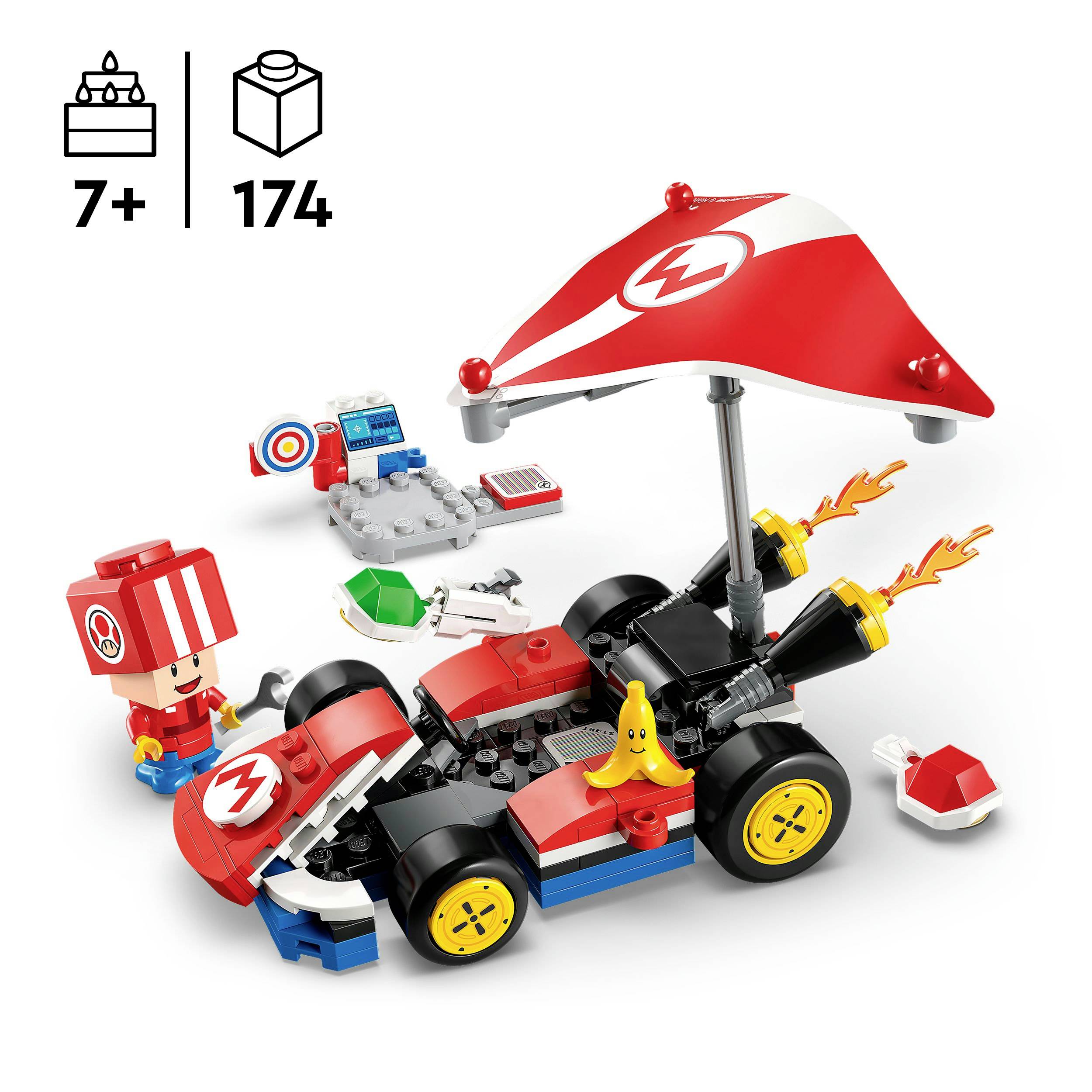 A LEGO set '7+' shows a racing kart with flames and a banana. A play figure is wearing a red helmet. Set contains 174 pieces.