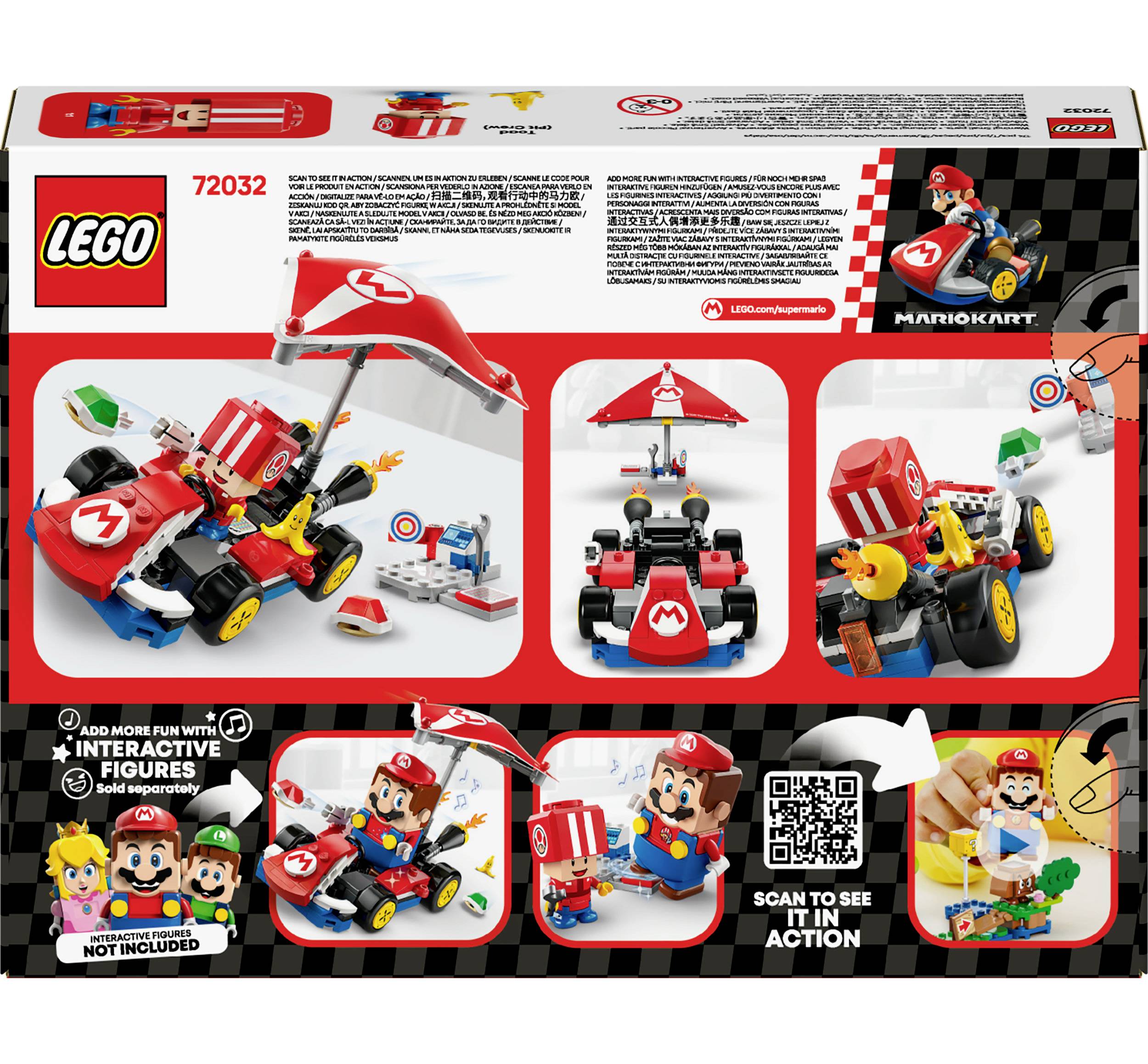 LEGO Set 72032: Construction kit of a Mario Kart with interactive features. Pictured are the kart, Mario figurine, and accessories in action.